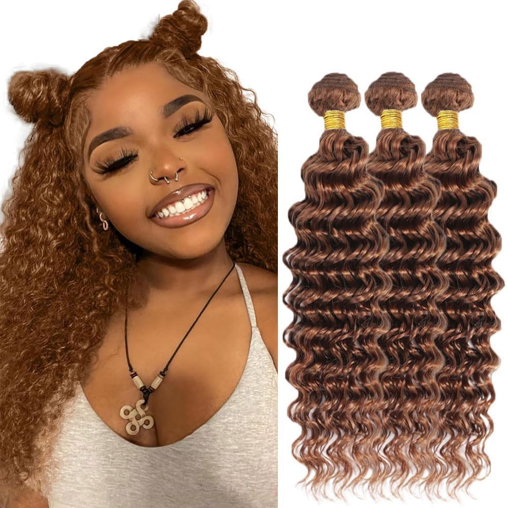 30 30 30 Inch DiexrLamx Light Brown Deep Wave Bundle Color 30 Bundles Human Hair Peruvian Virgin Remy 3 Bundles Brown Bundle Hair Extensions 100g/Pc