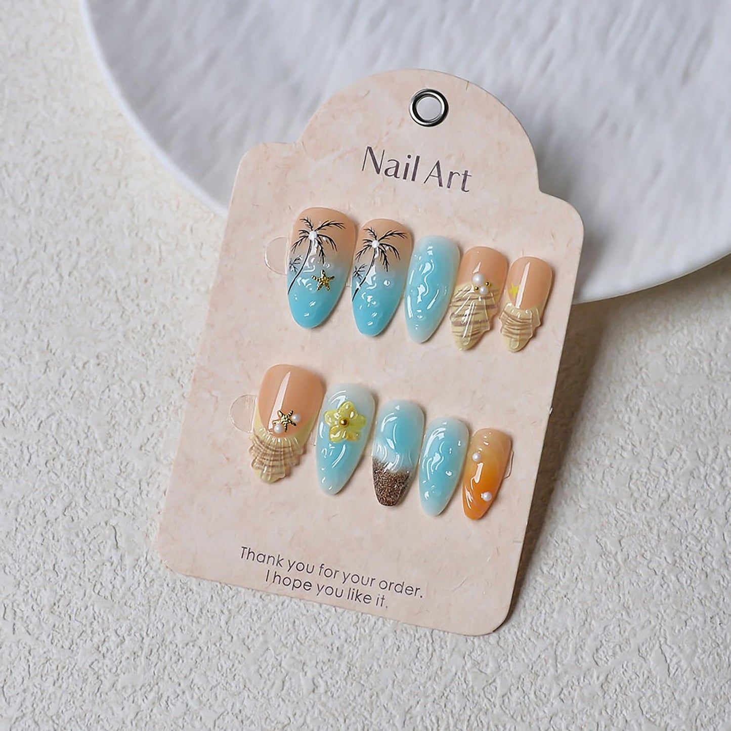 Press On Nails - 24Pcs Medium Almond French Tip with 3D Gold Starfish & Flower Designs | Full Cover Summer Acrylic Nails