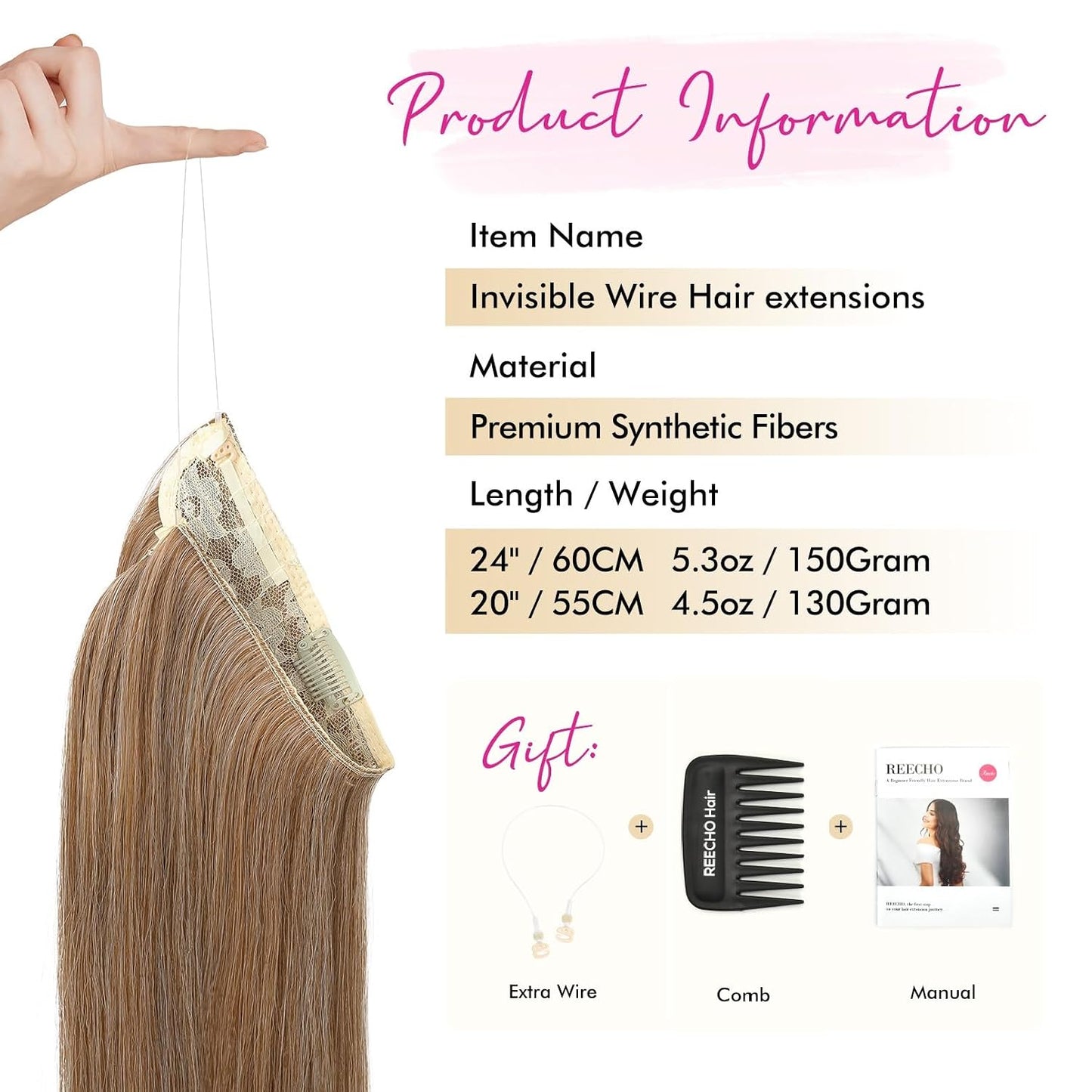 Invisible Wire Hair Extensions - Adjustable Transparent Headband | 24 Inch Dark Blonde Secret Hairpiece for Women
