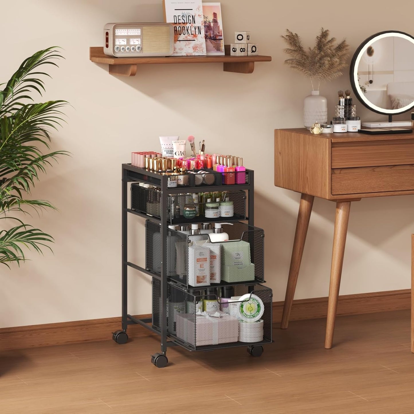 Rolling Makeup Cart Organizer - 3 Drawer Cosmetics Storage with Wheels | Versatile Vanity Organizer for Skincare & Beauty Tools - Black