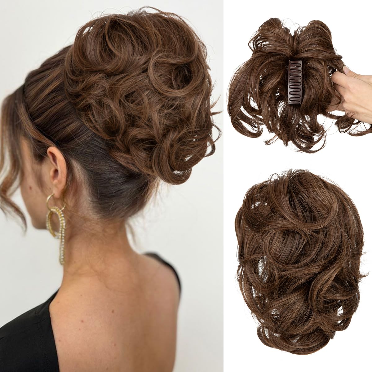CJL Hair Claw Clip Short Ponytail Extensions - Bendable Metal Messy Bun Piece | Wavy Curly Synthetic Hair, Ash Grey