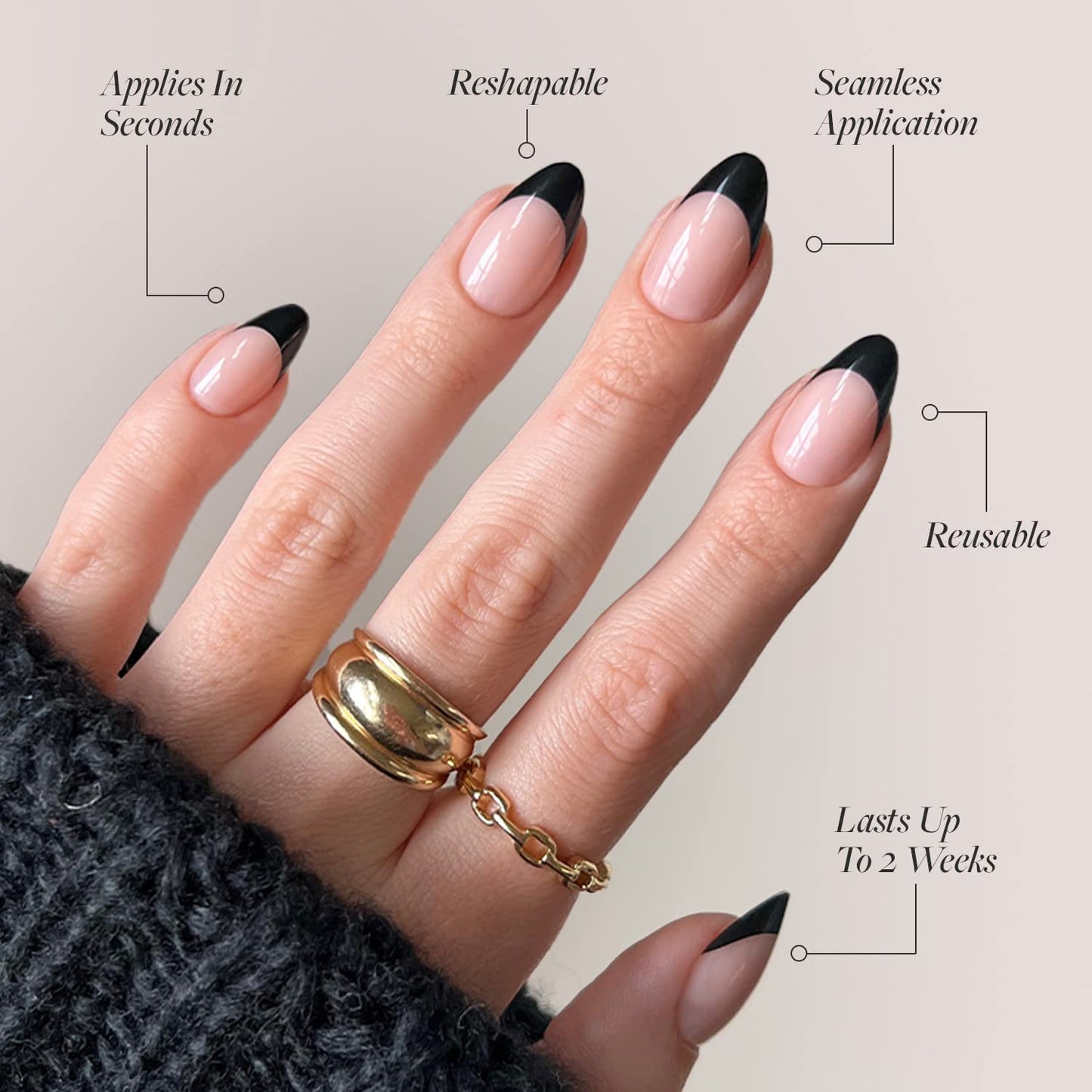 Press On Nails - Caviar | Semi-Transparent Short Almond Shape, Salon Quality | 30 Nail Kit with Glue, 15 Sizes Available