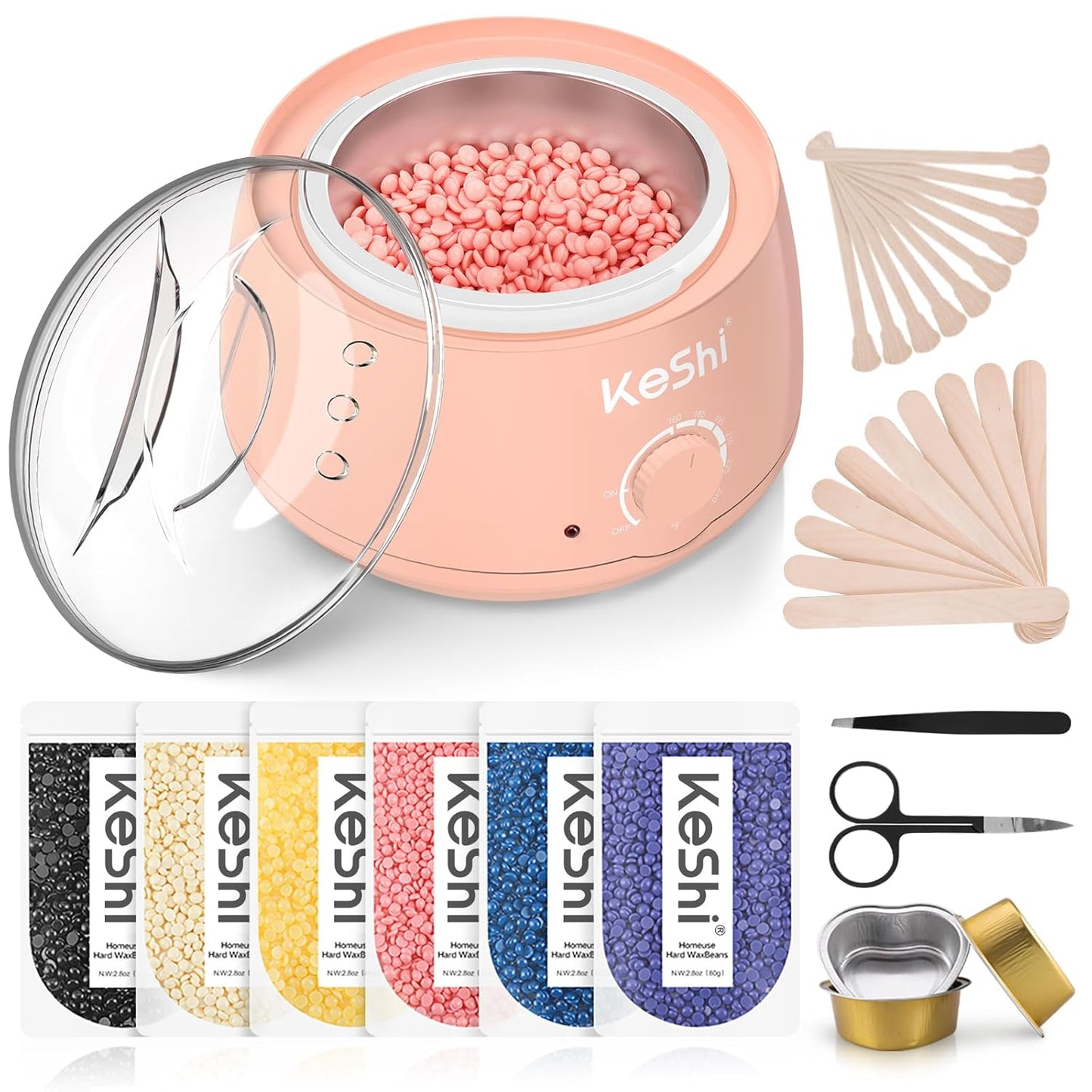 Painless Hair Removal Waxing Kit - KeShi Wax Warmer with 6 Bags Hard Wax Beans for Full Body, Legs, Face & Bikini | Ideal for Men & Women