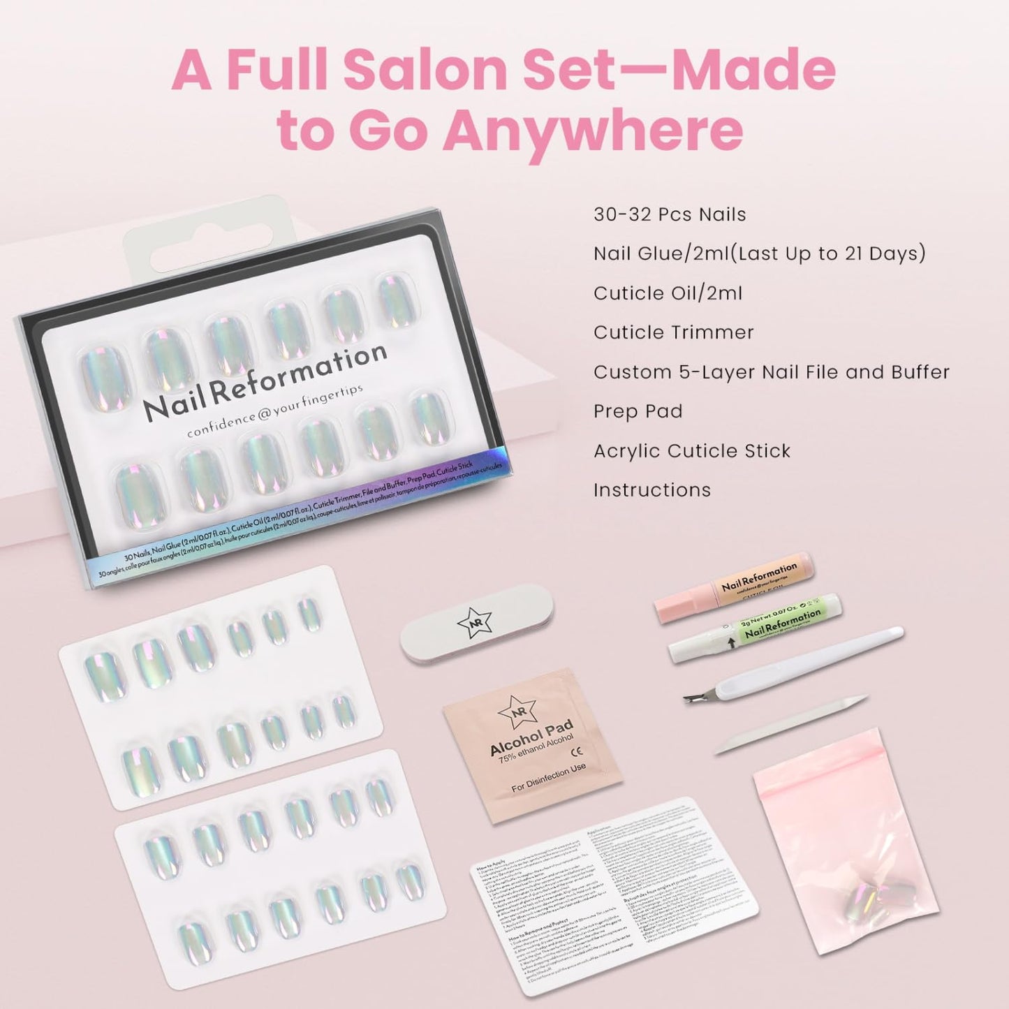 Press On Nails - Hologlam Glossy Aurora Cat Eye Velvet Short Square | Reusable Stick-On False Nails in 15 Sizes - 30 Nail Kit