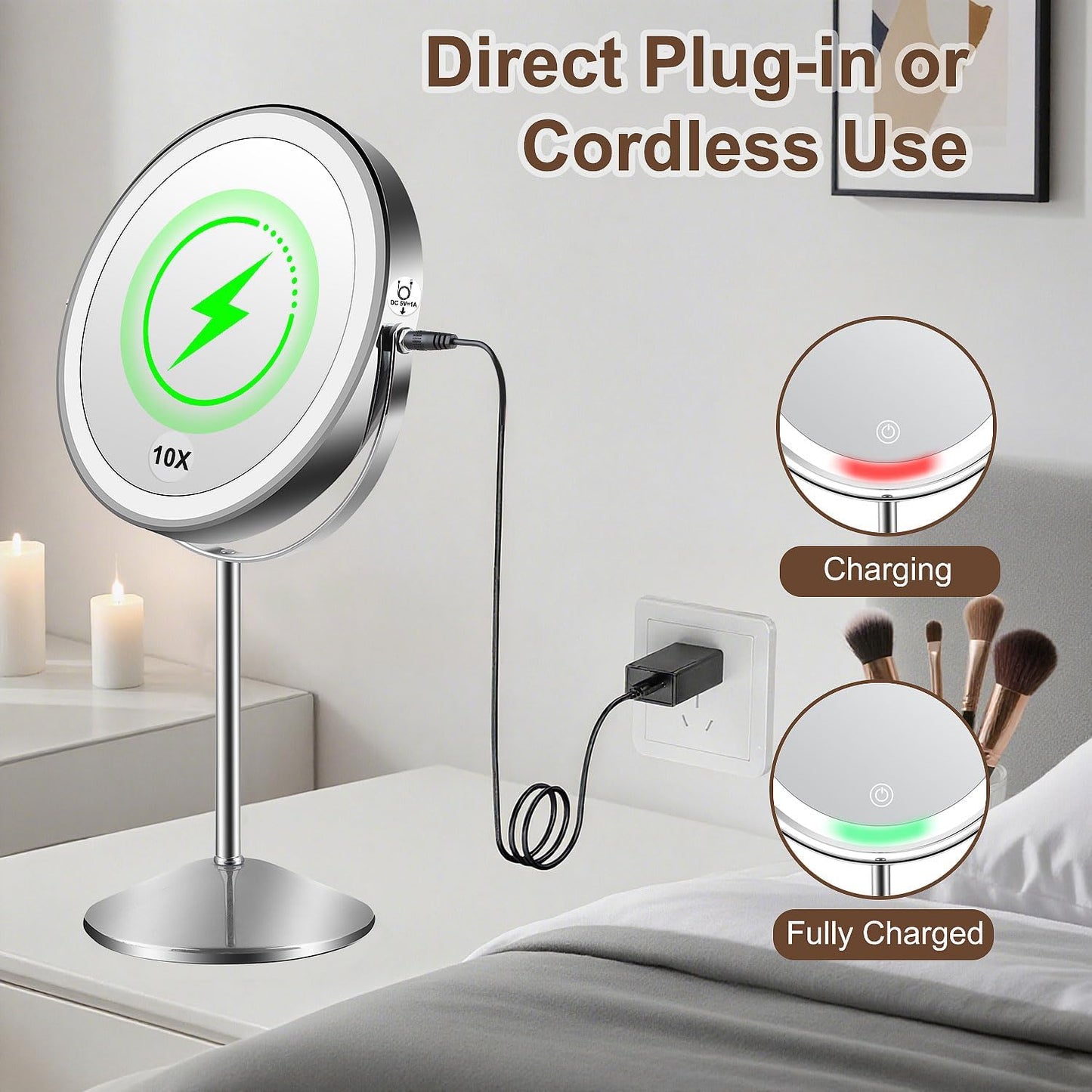 Lighted Makeup Mirror - 1x/10x Magnifying Vanity Mirror with Adjustable Brightness | 8" Round, 360° Rotation, Rechargeable