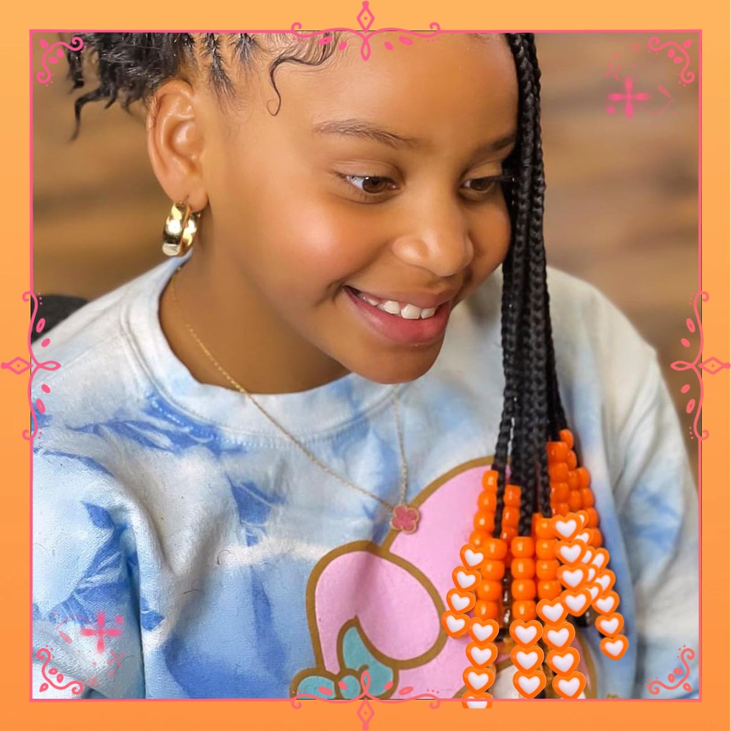 NAISKA 60PCS Orange Beads for Kids Girls Round Loc Dreadlock Beads Heart Shape Spacer Bead Acrylic Accessories for Party Decorate
