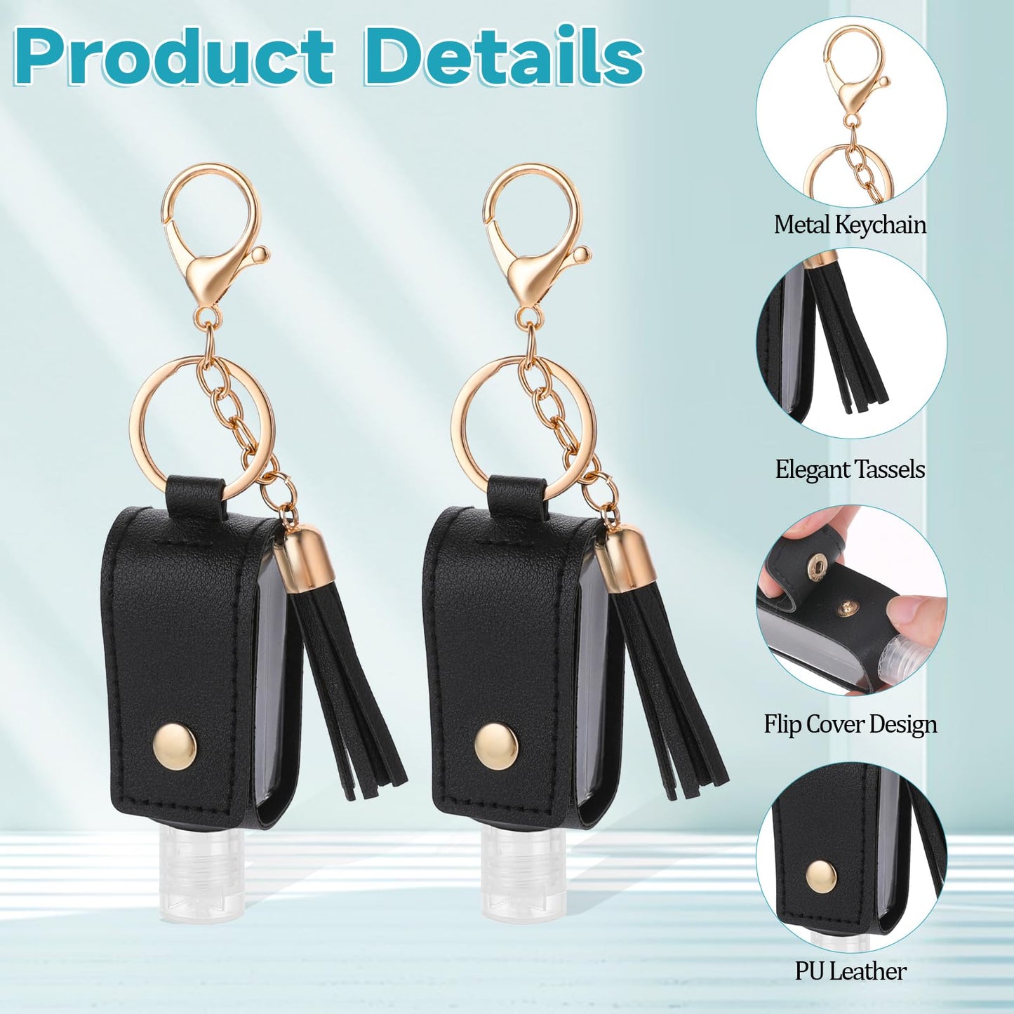Aiyorse 2 Pcs Portable Handwashing Fluid Holder Bottles with Keychain, Refillable Travel Containers, 1oz/30ml Squeeze Bottles for Toiletry Lotion Liquid Soap Shampoo (Black)