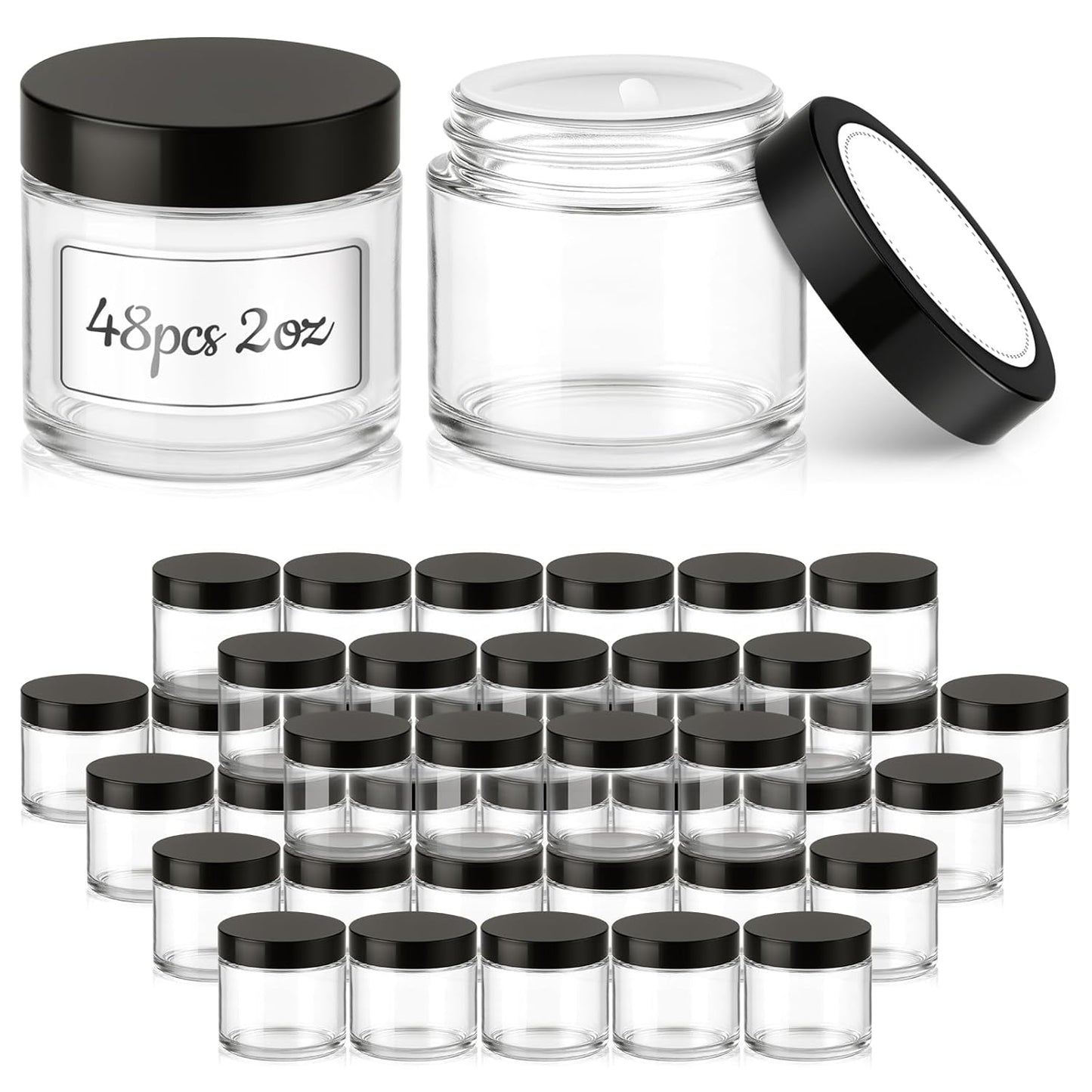 Clear Cosmetic Jars - 48 Pack Small Glass Containers with Lids | 2 oz Round Cream Jars for Ointments & Lotions