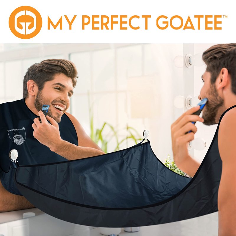 My Perfect Goatee Beard Bib Apron for Men - Superior Lock-Down Suction Cups - Hair Clippings Catcher - Waterproof Cape with Storage Pouch - Adjustable Neck Strap