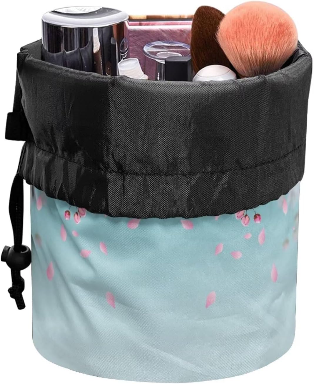 Peach Blossom Blue Cosmetic Bag for Women - Portable Drawstring Makeup Organizer | Collapsible Toiletry Storage