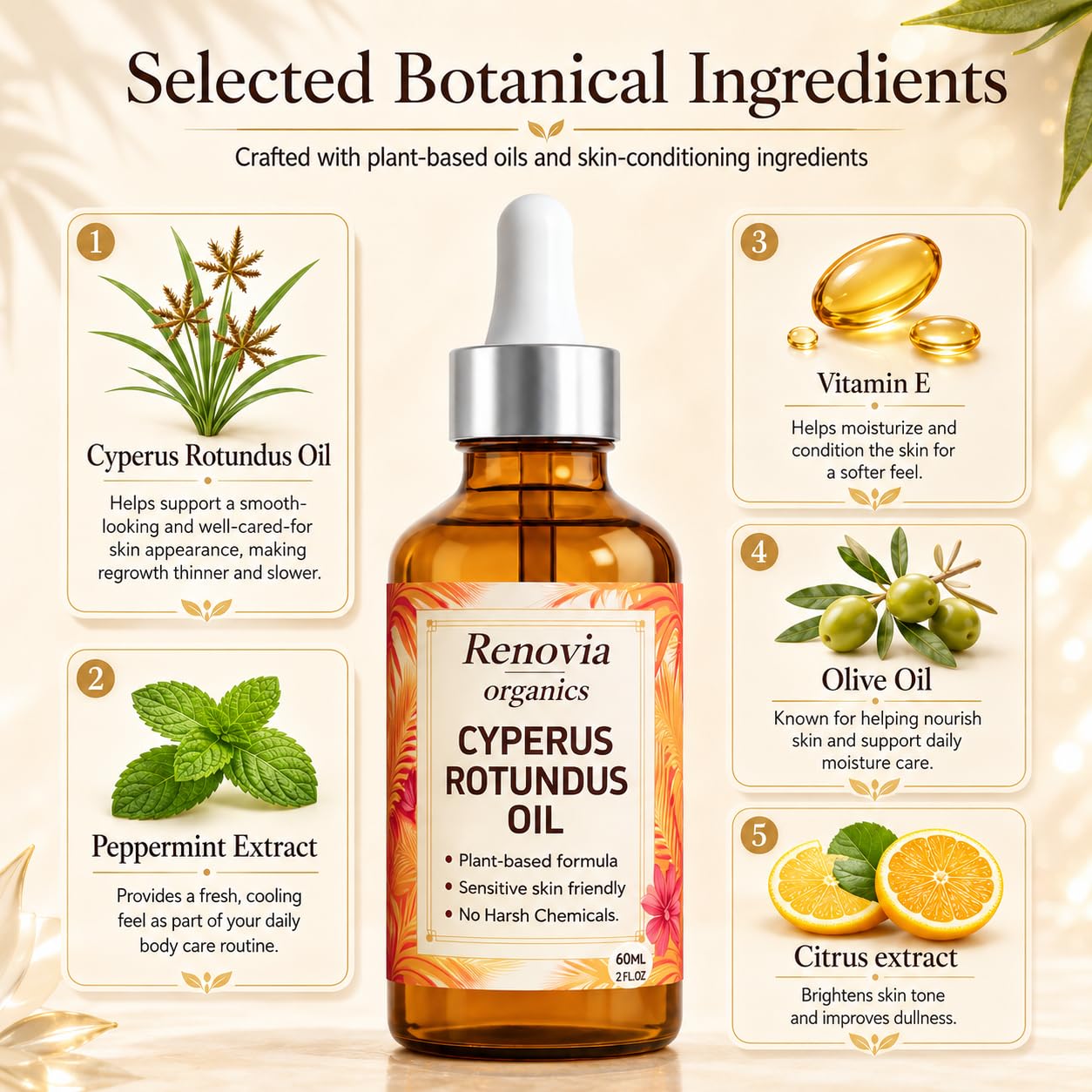 Renovia Organics Cyperus Rotundus Oil, Renovia Organics Hair Removal, with Peppermint Extract, Natural Ingredients for Nourishment & Soothing, 60 Ml (2 Fl. Oz.)