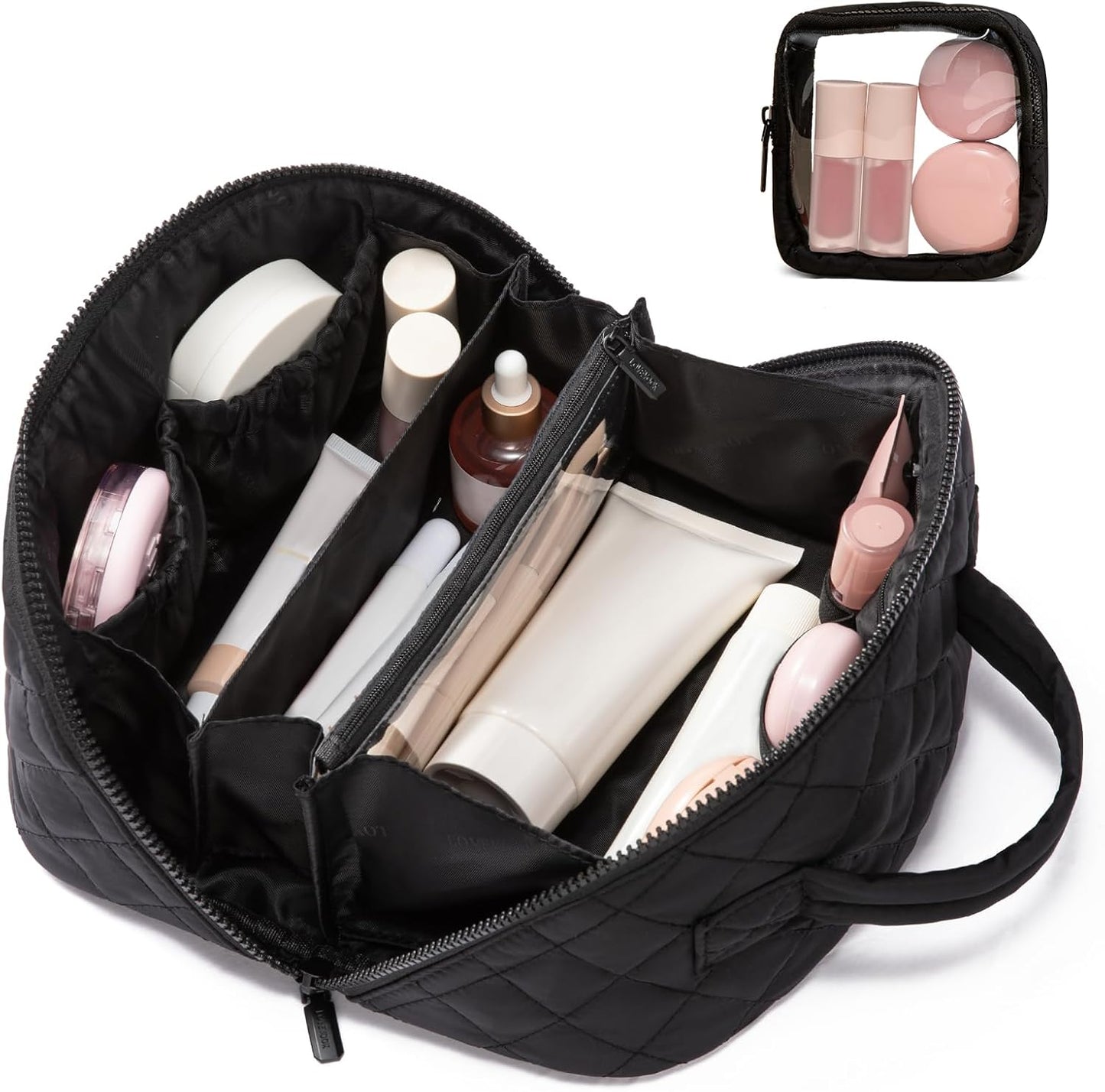 LOVEVOOK Travel Makeup Bag - Waterproof Cosmetic Organizer with Brush Compartment | Large Capacity Pouch in Pink, Medium