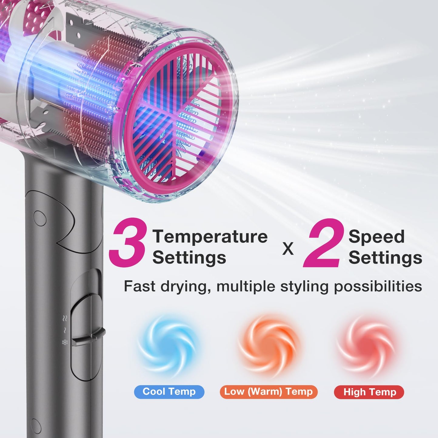 BABONIR Hair Dryer with Diffuser for Women, 1875W Fast Drying Ionic Blow Dryer for Home Use, Lightweight Foldable Hairdryer with Concentrator Nozzle, 3 Heat 2 Speed Settings, Gray