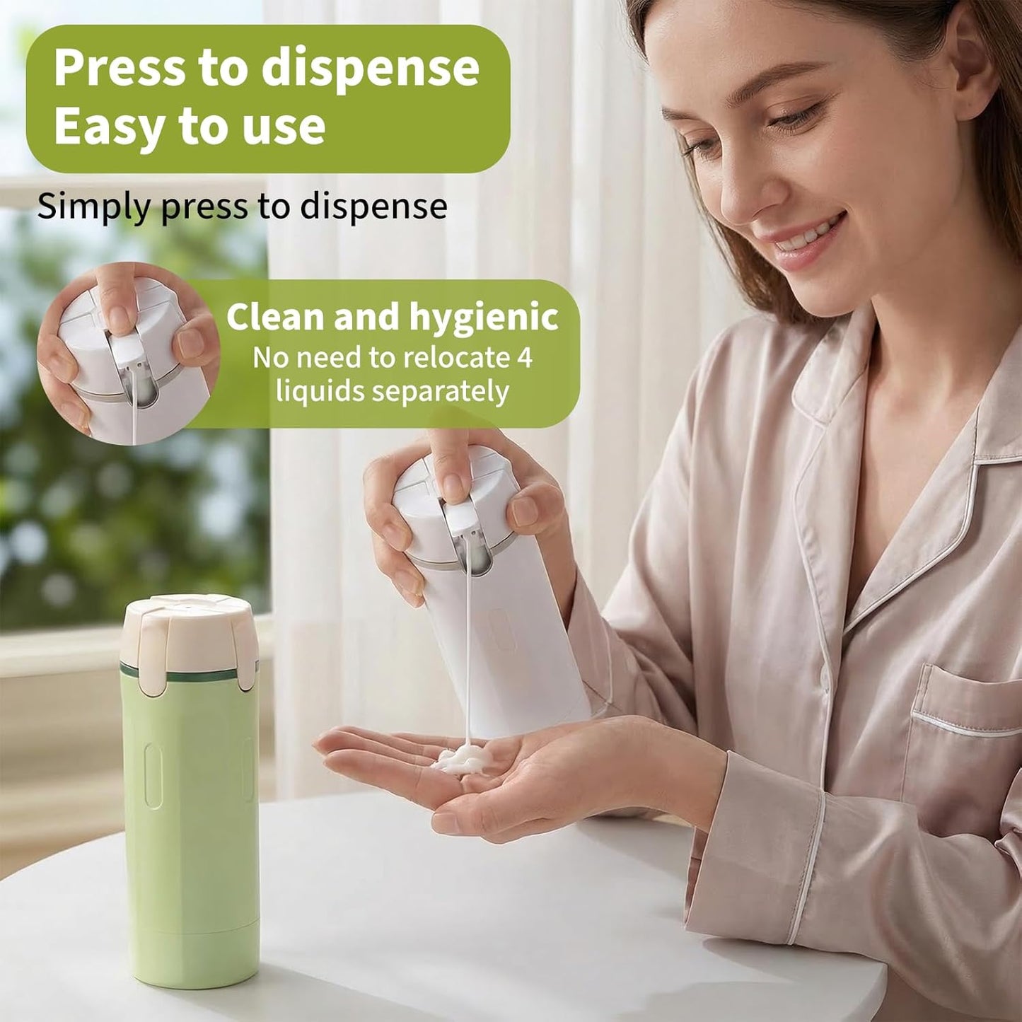 Travel Toiletries Bottle Set - 4 in 1 Refillable Dispenser for Shampoo, Lotion, Conditioner | Leak-Proof, Portable Containers (White & Green)