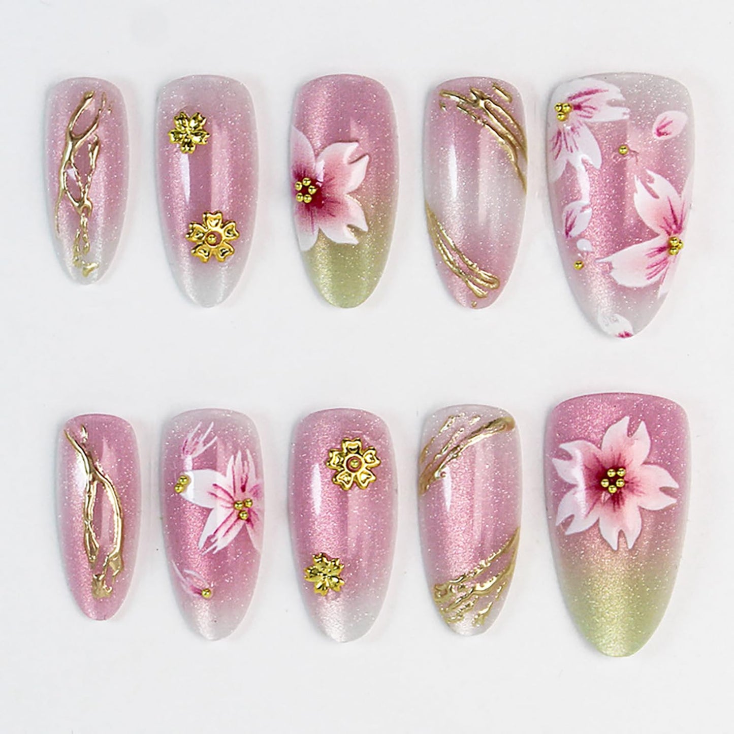 3D Blueberry Flower Press-On Nails - Medium Almond Shape with Pearl & Gold Beads | Reusable Glossy Blue French Tips for Summer Parties