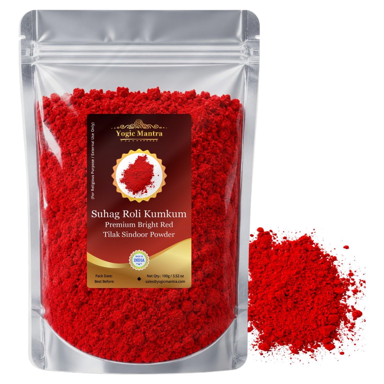 Yogic Mantra Kumkum Powder (100g Resealable Pouch) Bright Red Color Suhag Roli Sindoor Ceremonial Mark Lal Sindur Laxmi Devi Hindu Pooja Bridal Tilak Suhag Tikka Indian Rakhi Puja Religious Ceremony