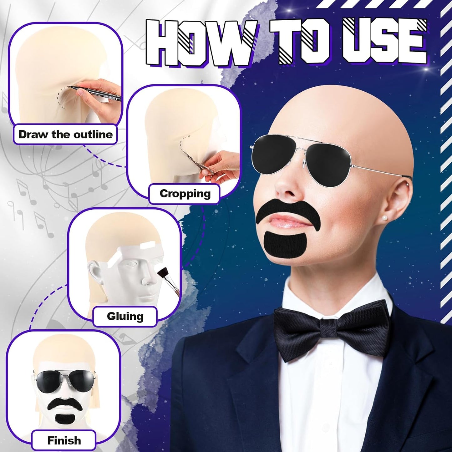 Bald Caps for Halloween | Mepase Costume Accessories with Glasses & Mustache for Men & Women
