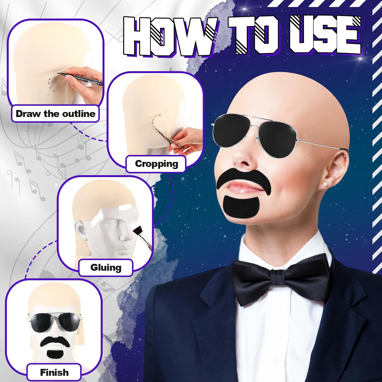 Mepase Bald Caps with Glasses and Mustache Bald Head Wig Cap Party Costume Accessories for Women Men Halloween Cosplay(7 Pcs,Smooth)