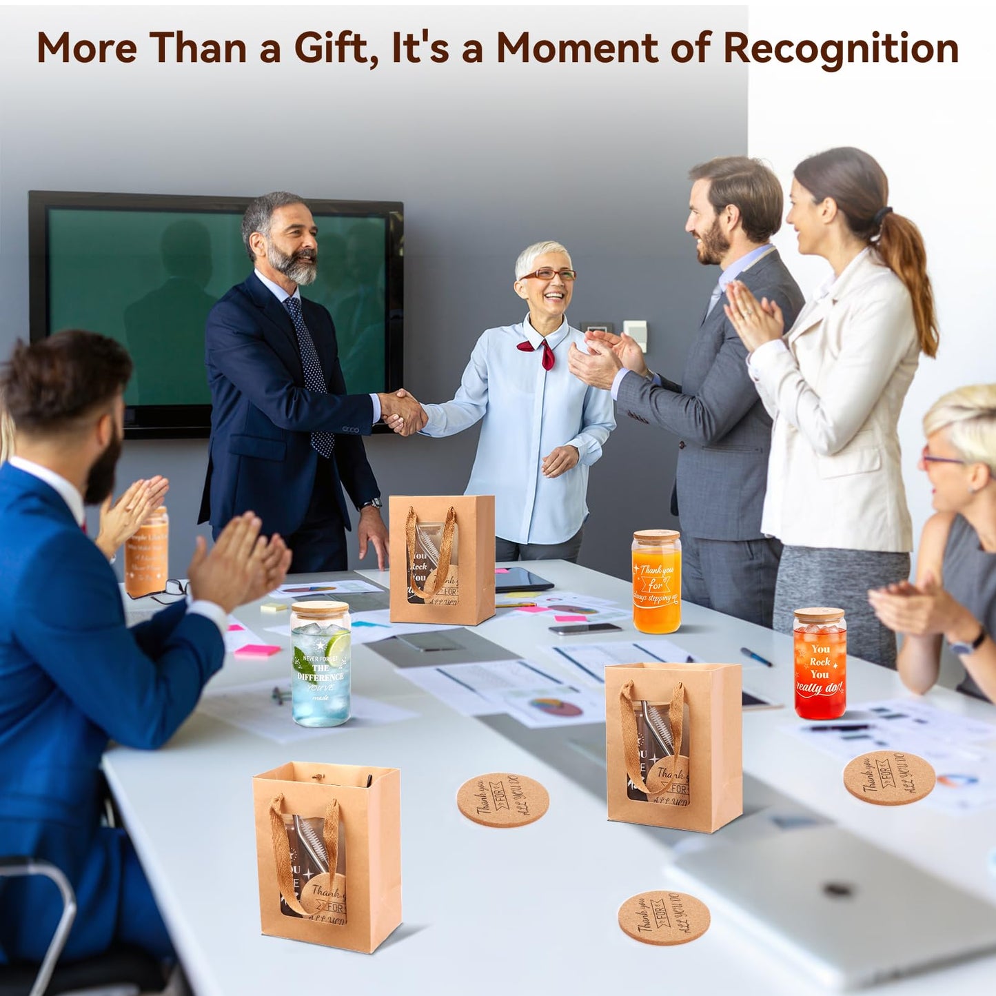 40 Pcs/8 Sets Employee Appreciation Gifts Glass Cups with Coasters, Straws, Gift Bags – Thank You Gifts for Coworkers, Teachers, Nurses, Staff, for Office, School, Team Building, Birthday & Holiday