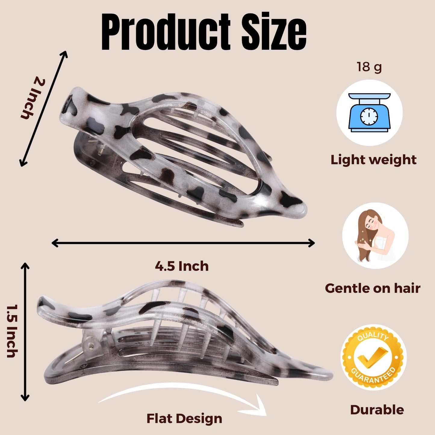 8 Pack Flat Tortoiseshell Hair Clips – French Style Matte Claw Barrettes for Women, Strong Hold Non-Slip Hair Accessories for Thick or Thin Hair, Chic Neutral Leopard Pattern