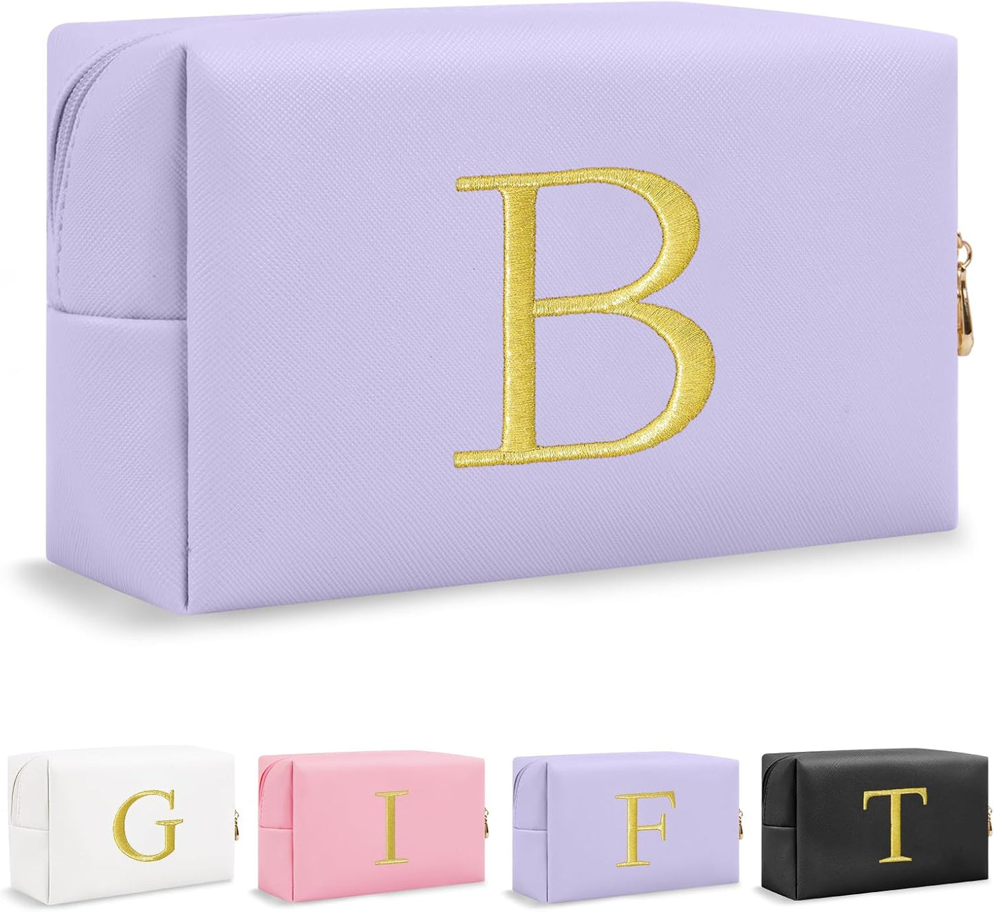 Personalized Initial Makeup Bag - Gold Embroidered Cosmetic Bag for Teens | Custom Travel Toiletry Bag (Black)
