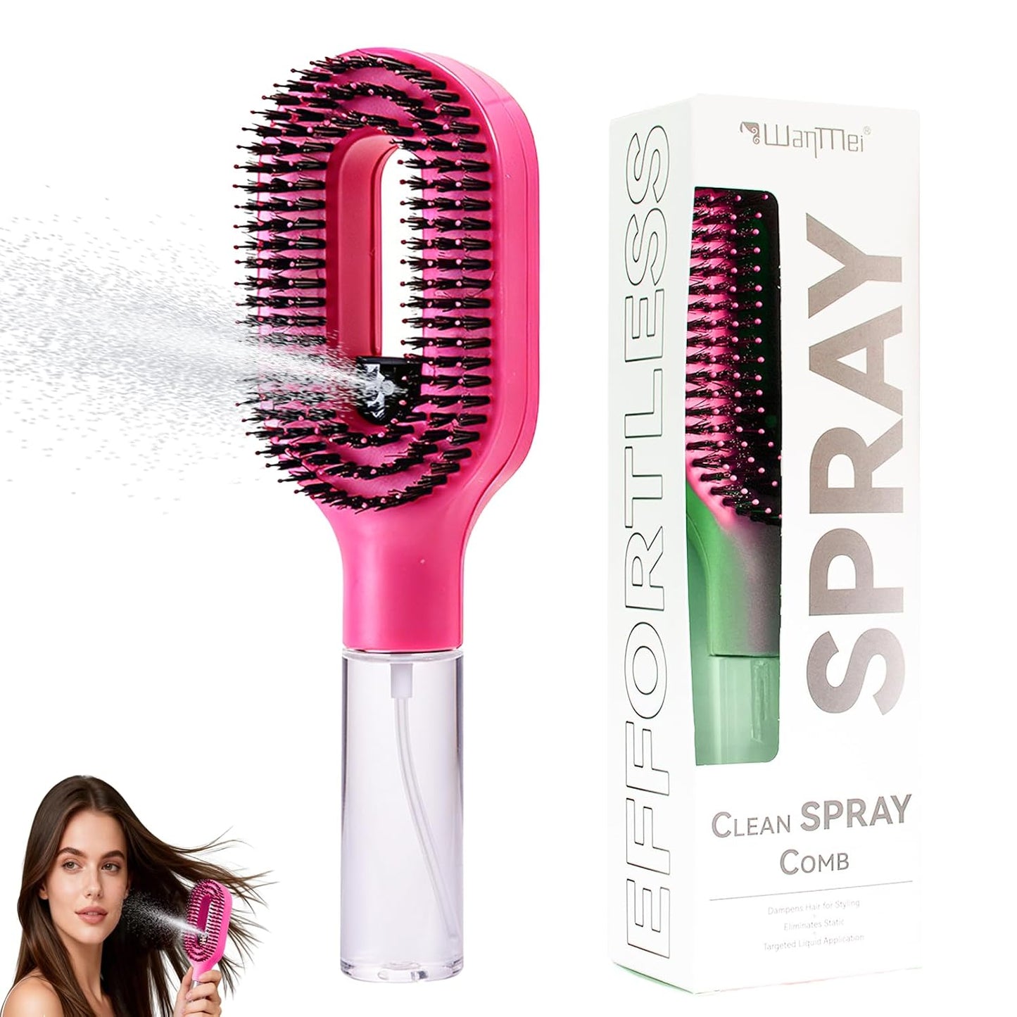 Hair Brush with Water Spray - 2-in-1 Detangling Tool for Frizz Control | Portable Mist Comb for Thick, Curly & Fine Hair - Green