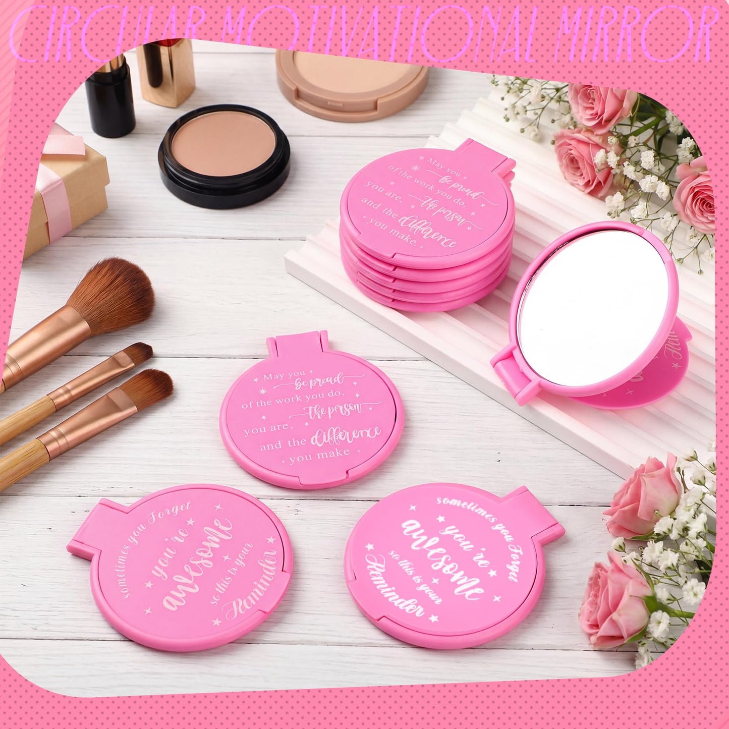 Wenqik 100 Pcs Inspirational Mini Compact Mirrors Bulk, Women Small Gifts Bulk, Group Team Party Favors, Mini Pocket Purse Mirror for Travel, Client, Guest, Wedding, Birthday, Cheerleader (Pink)