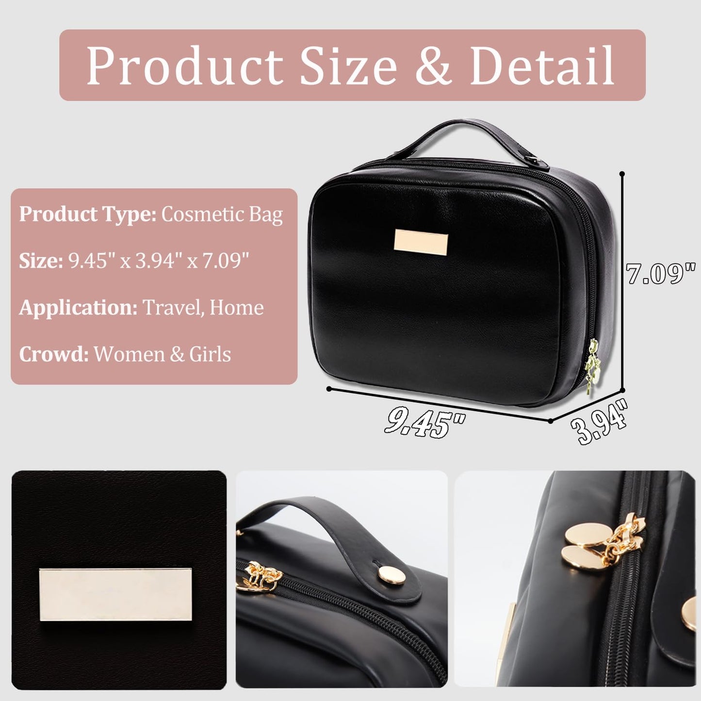 VNIMTI Travel Makeup Bag, Travel Toiletry Bag for Women with Brush Holder, Double Layer Large Cosmetic Bag, Portable Makeup Pouch, PU Leather, Black
