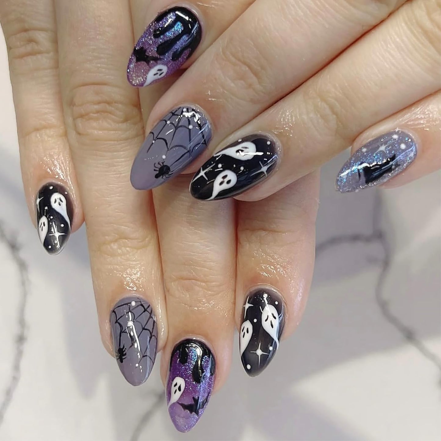 French Tip Press-On Nails - 24 Pcs Medium Almond with 3D Flower & Gold Rhinestones | Full Cover Nude Artificial Nails