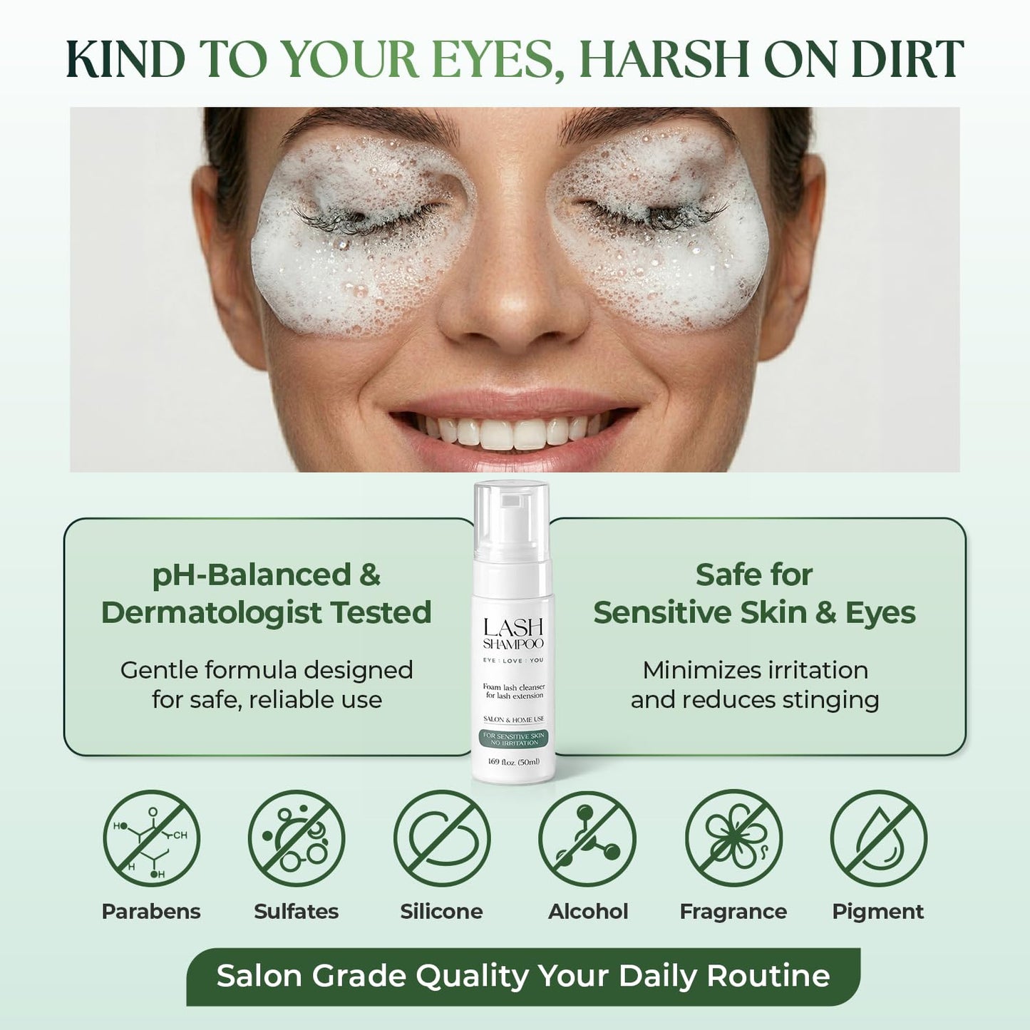 Foam Lash Cleanser for Lash Extensions 50ml (1.69 fl.oz), Gentle Lash Shampoo for Natural Lashes | Oil-Free, Hypoallergenic, No Irritation | Safe Makeup Remover for Sensitive Skin | Home & Salon Use