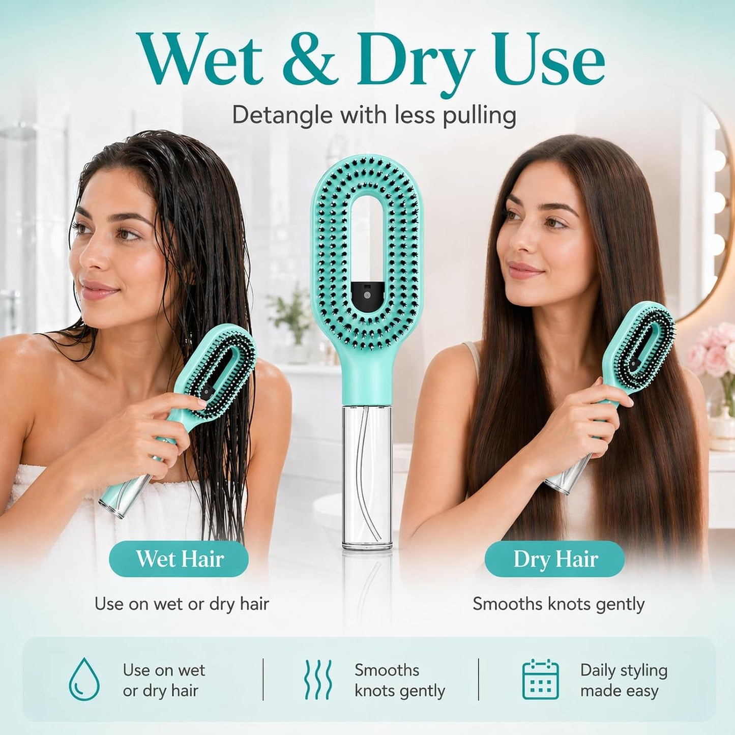 Misting Hair Brush - 2-in-1 Non-Electric Detangling Tool for Wet & Dry Hair | Anti-Frizz, Fine Mist Sprayer (Green)