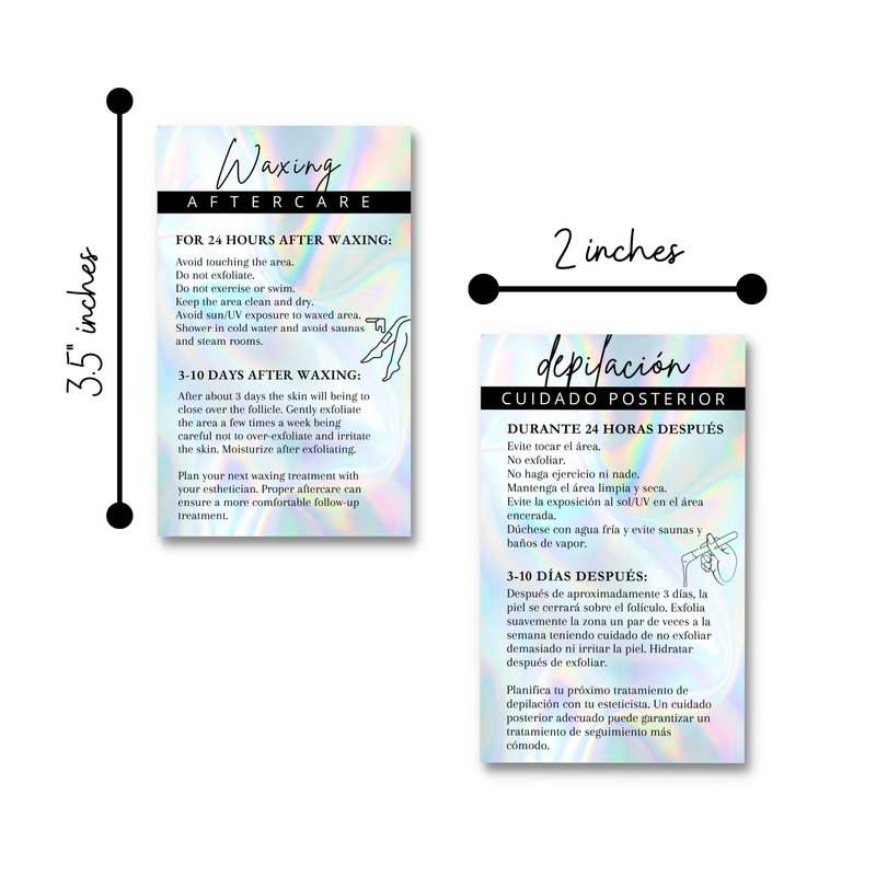 Bilingual Spanish Hair Waxing Aftercare Instruction Cards | 50 pk 2x3.5” Hair Removal and English Depilación Español e Inglés Cuidados Posteriores Modern Wallet Size
