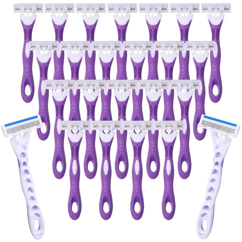 Leriton 24 Count Women's Disposable Razors Bulk Purple 3 Blade Sensitive Skin Bikini Line Razor for Bathing Hotel Travel