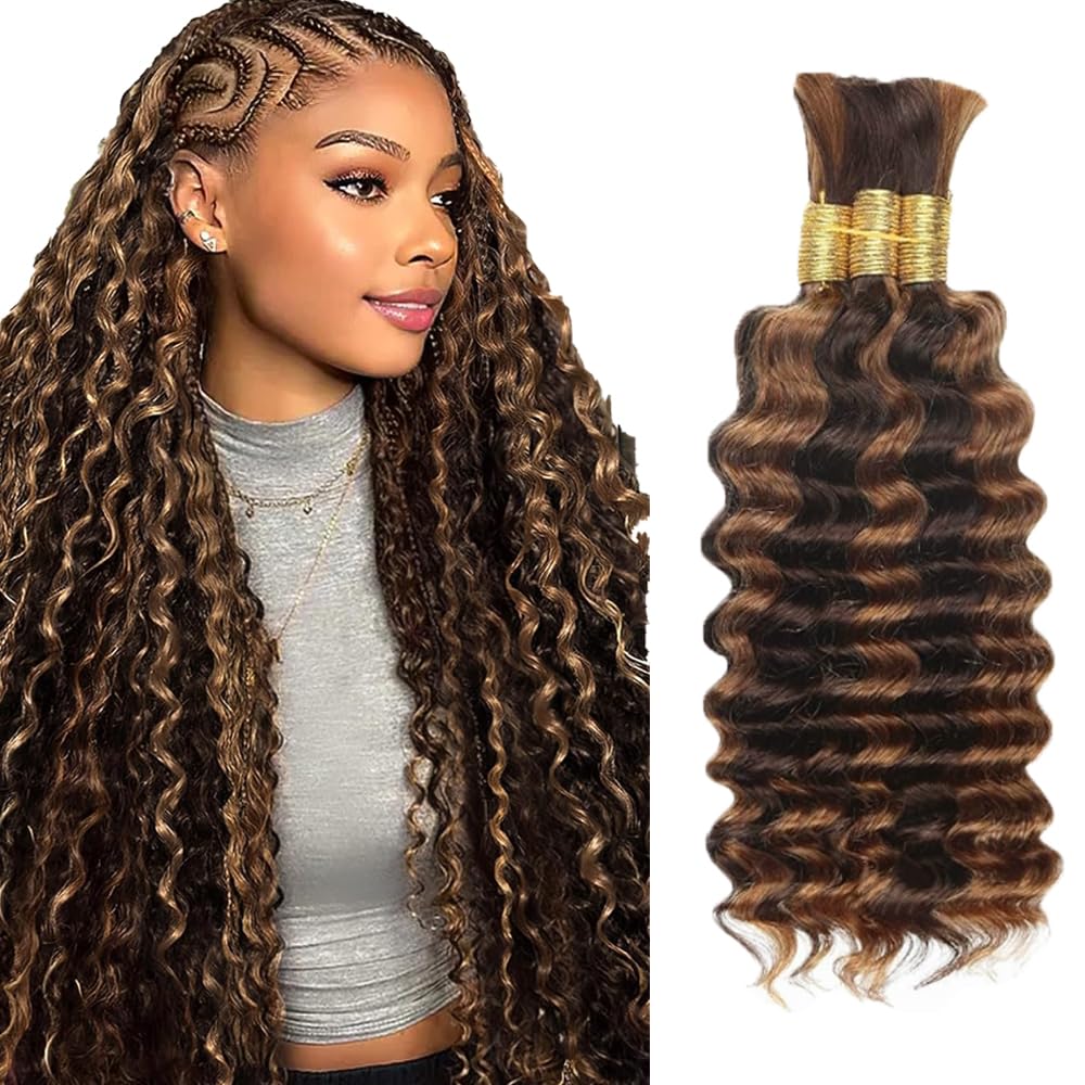 Brown Deep Wave Braiding Hair 4/30 Boho Human Hair for Braiding 28 28 28 Inch 3 Bundle Light Brown Deep Curly Braiding Hair Extensions 50g/Bundle