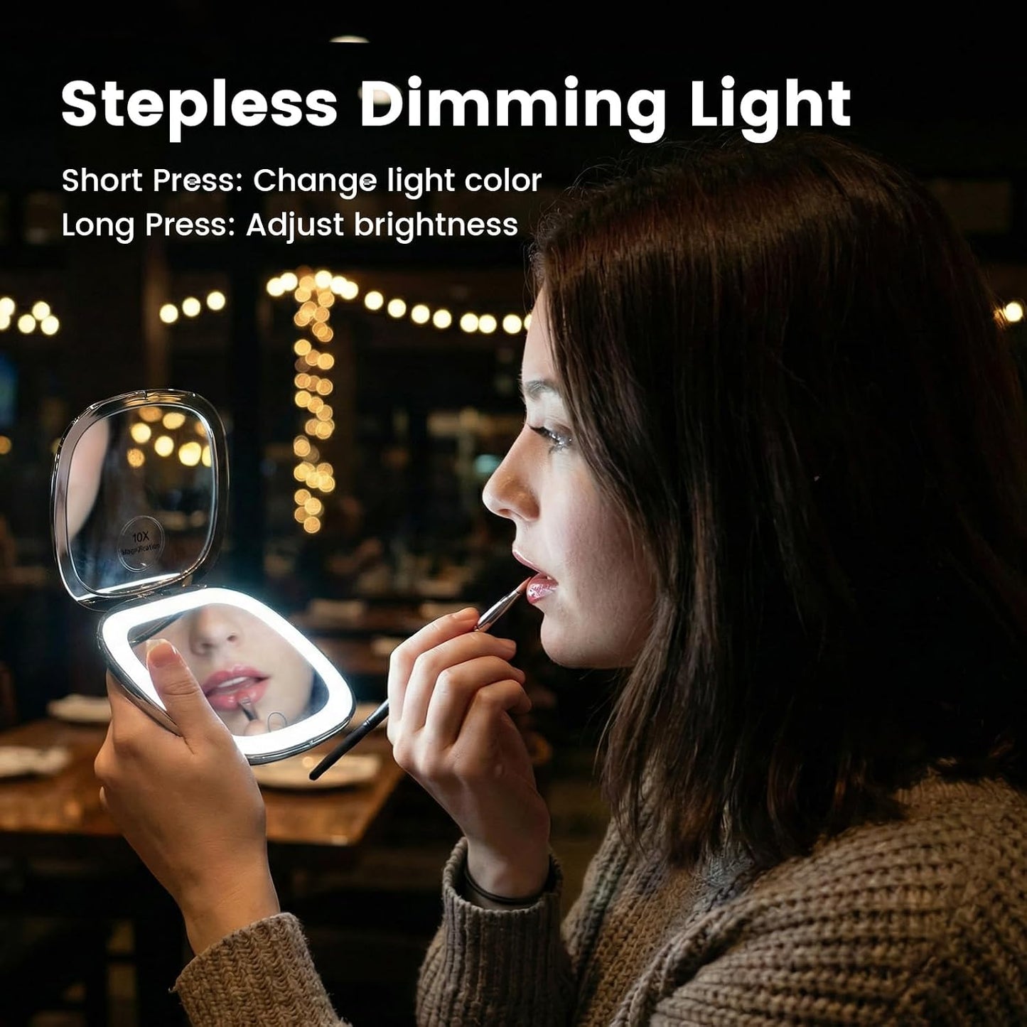 10X Magnifying Compact Makeup Mirror - Dimmable LED Light, Double-Sided 4" Portable Handheld Design | Rechargeable Travel Vanity Mirror