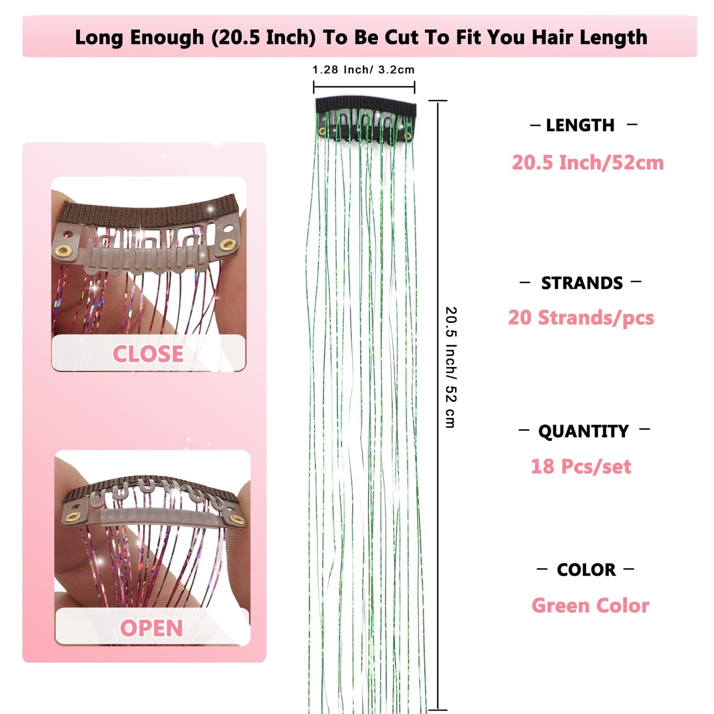 Obinying Hair Tinsel Pack of 18 Pcs Hair Tinsel Clip in 20.5 Inch Glitter Tinsel Hair Extensions Clip in Hair Tinsel Kit Party Festival Fairy Hair Accessories for Girls Women Kids (Green)
