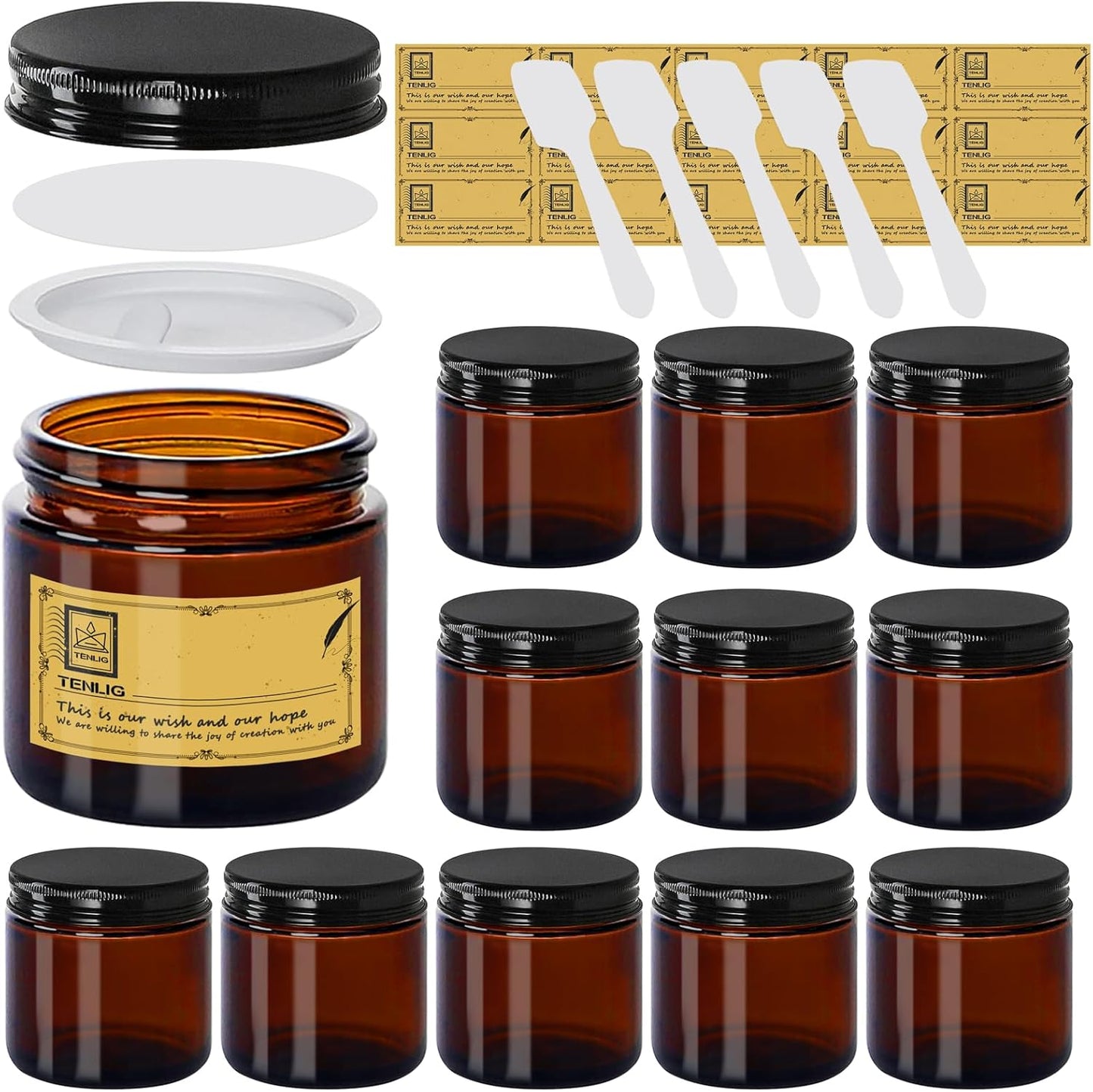Amber Glass Jars - 4 oz Refillable Airtight Cosmetic Containers | 12 Pack with Black Metal Lids & Inner Liners