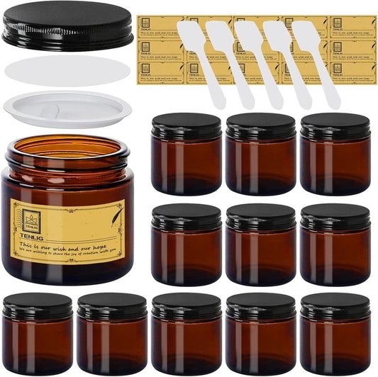 Amber Glass Jars - 4 oz Refillable Airtight Cosmetic Containers | 12 Pack with Black Metal Lids & Inner Liners