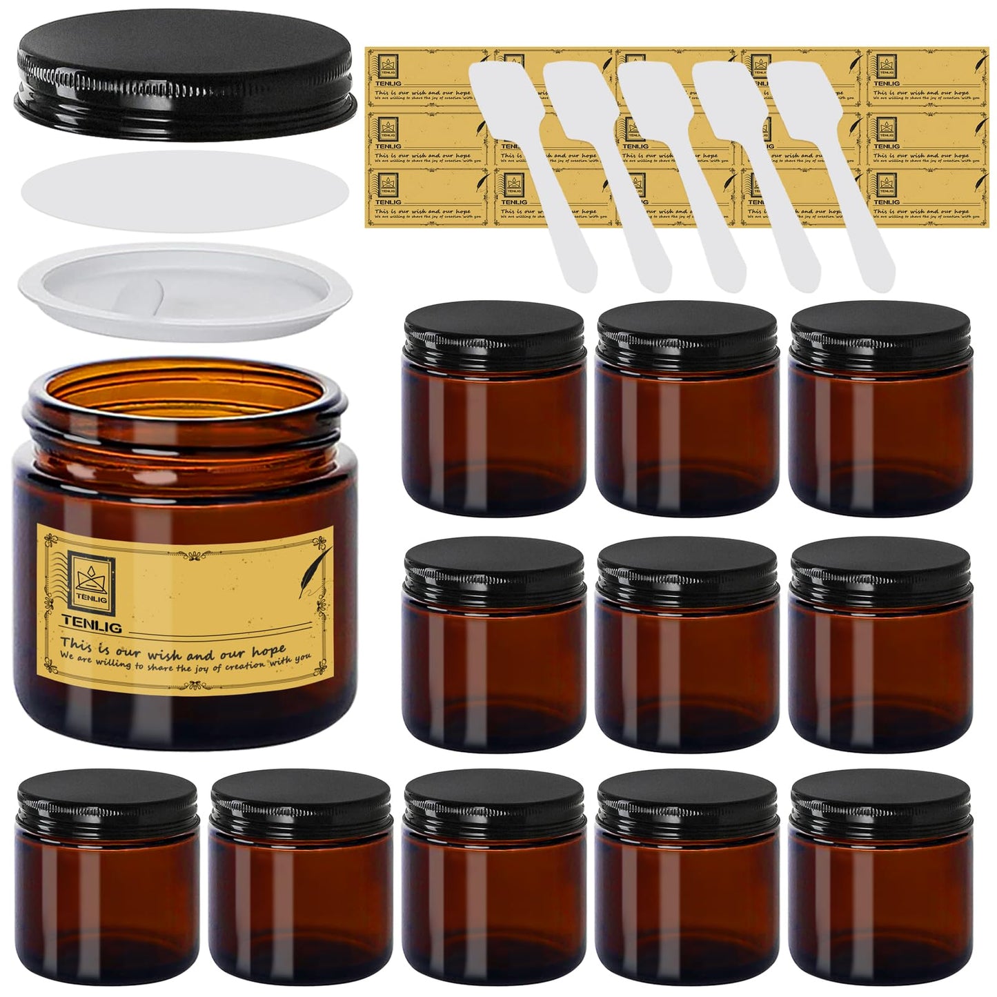 TENLIG 4 oz Glass Jars with Lids,Amber,12 Pack Empty Cosmetic Containers with Inner lids and Inner Liners,Black Metal Lid,Refillable Round Airtight Jars,Use to store Lotion,Powders,Candle Making