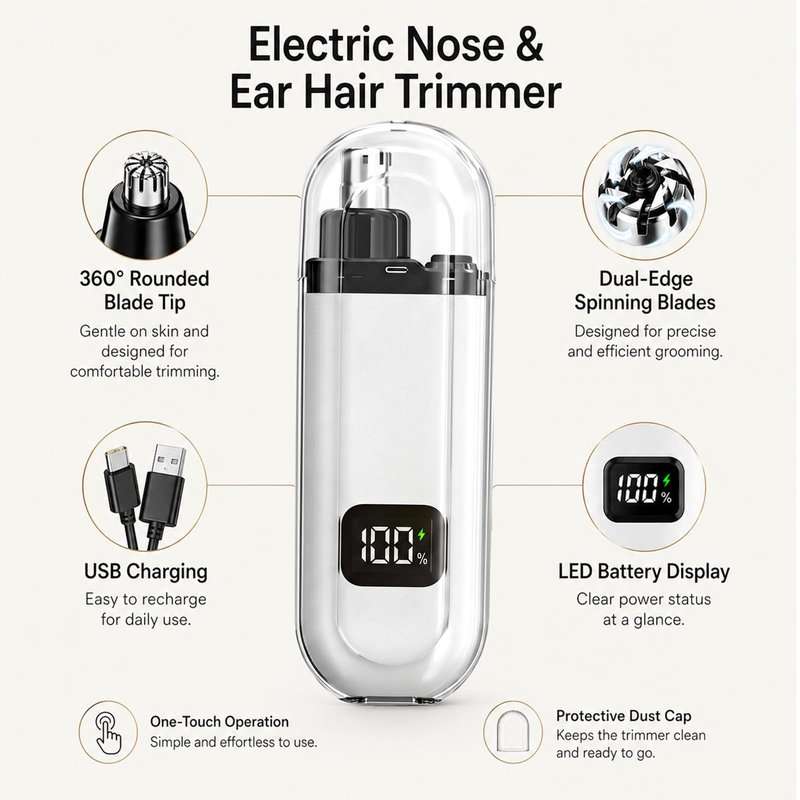 NumberGlow Nose and Ear Hair Trimmer for Men and Women Electric Nose Clipper with USB and LED Power Display, Water-Resistant Dual-Edge Blades Gentle Grooming for Travel