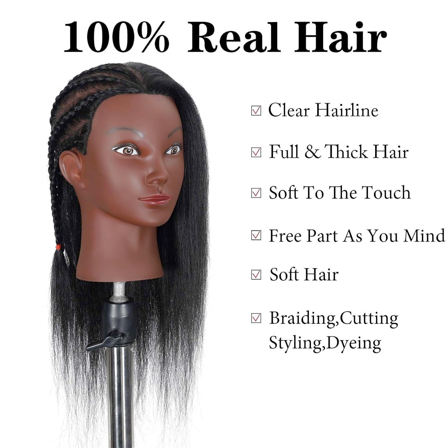 Realistic Human Hair Mannequin Head - 100% Real Hair for Cosmetology Practice | 16 Inch with Table Clamp Stand