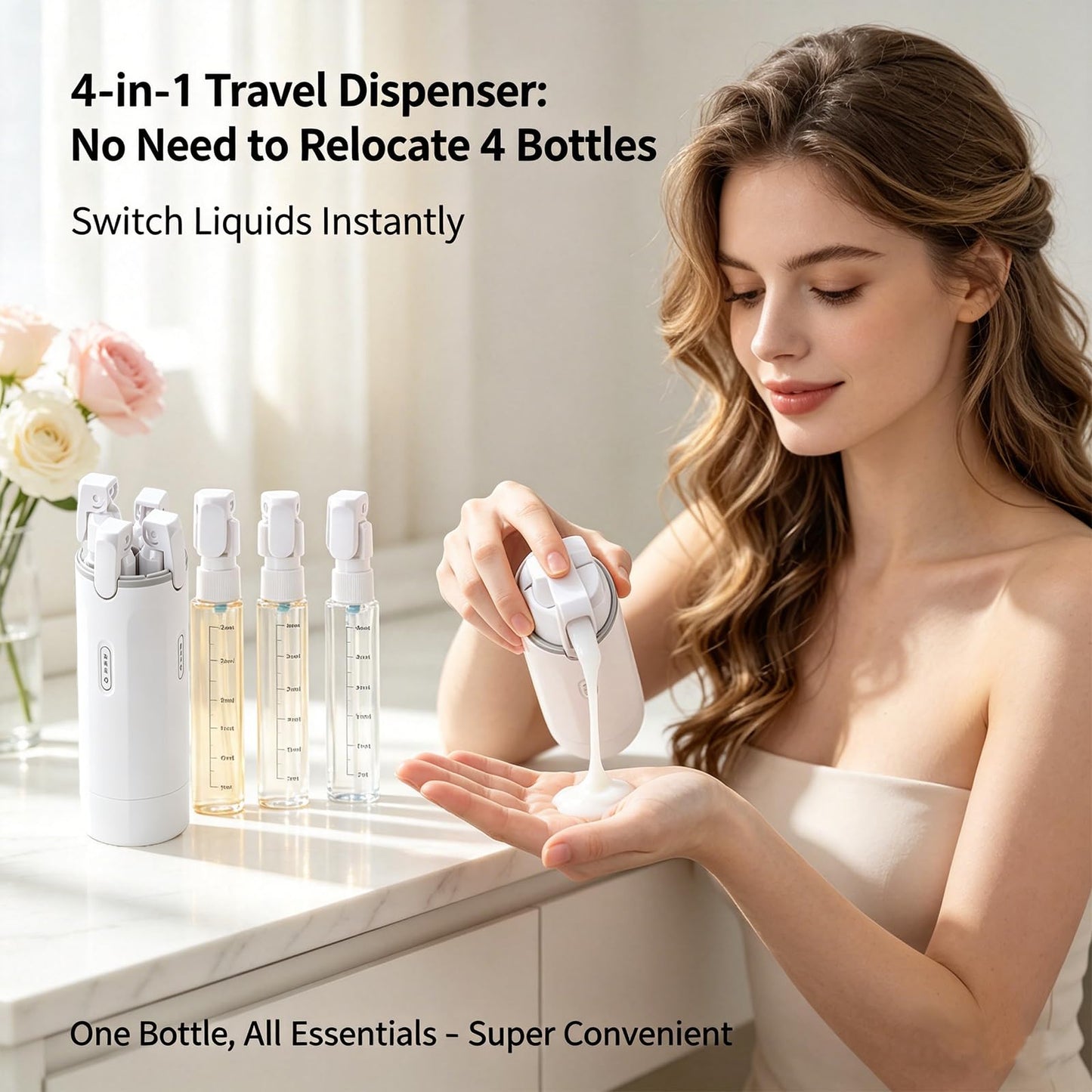 4 in 1 Travel Dispenser, Travel Bottles for Toiletries, No Squeeze Press Dispenser 30ML Leak Proof Travel Containers, Portable Refillable Shampoo Lotion Conditioner Bottles with Labels(2White)