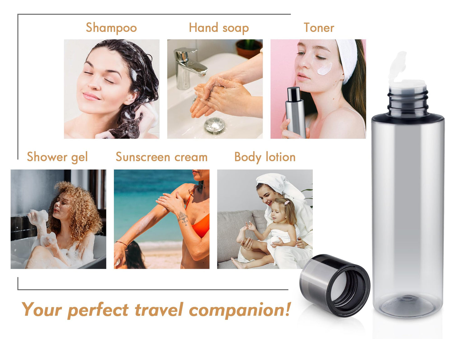 ZEJIA 150ML/5OZ Travel Size Toiletries, 3 Pack Travel Size Containers, Leak Proof Plastic Bottles for Shampoo, Lotion, Body Wash with 6pcs Labels