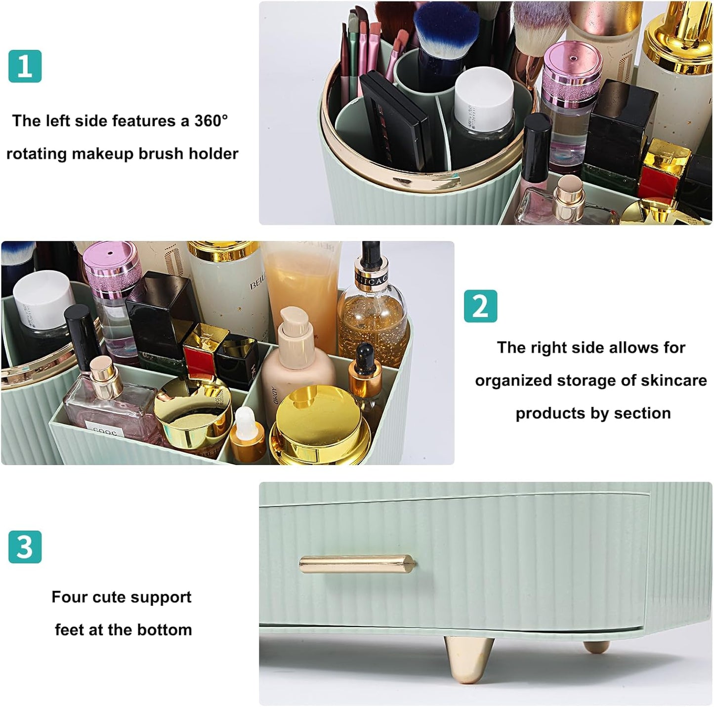Makeup Organizer - 360° Rotating Brush Holder with Drawer | Large Capacity Skincare & Cosmetic Display - Green