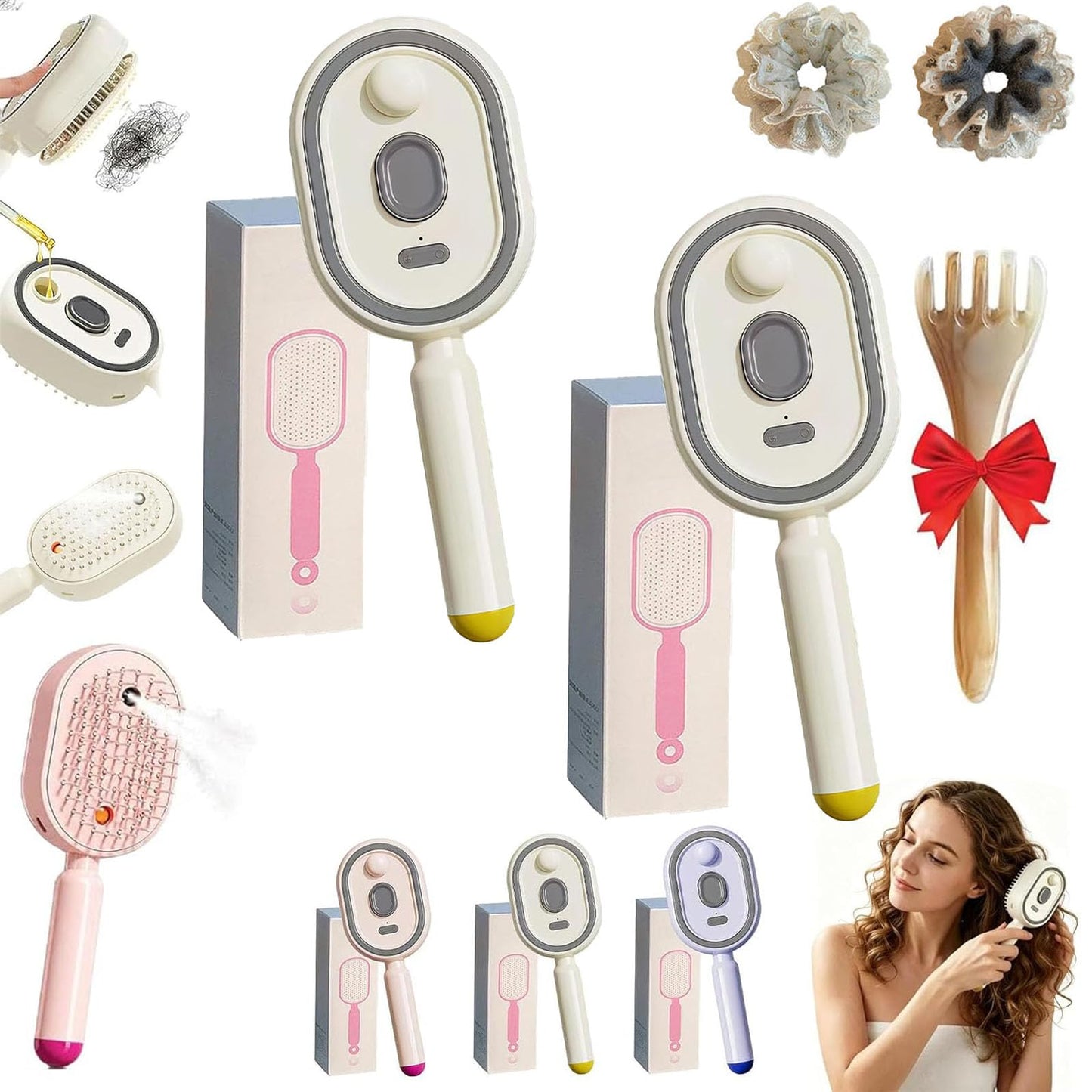 5 in 1 Air Cushion Hair Brush, Electric Spray Massage Comb, Preventing Drying and Tangling, Anti-Static Detangling Steaming Brush, for Curly, Straight, Thick, Thin, Long or Short Hair (Beige*2)