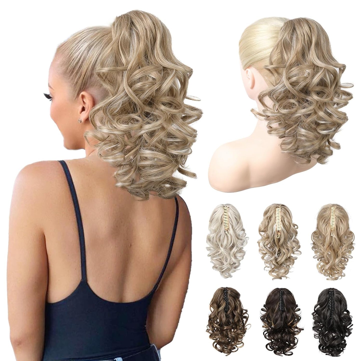 12-Inch Ponytail Extension - Classic Loose Curly Wavy Claw Clip Hairpiece for Women | Medium Blonde