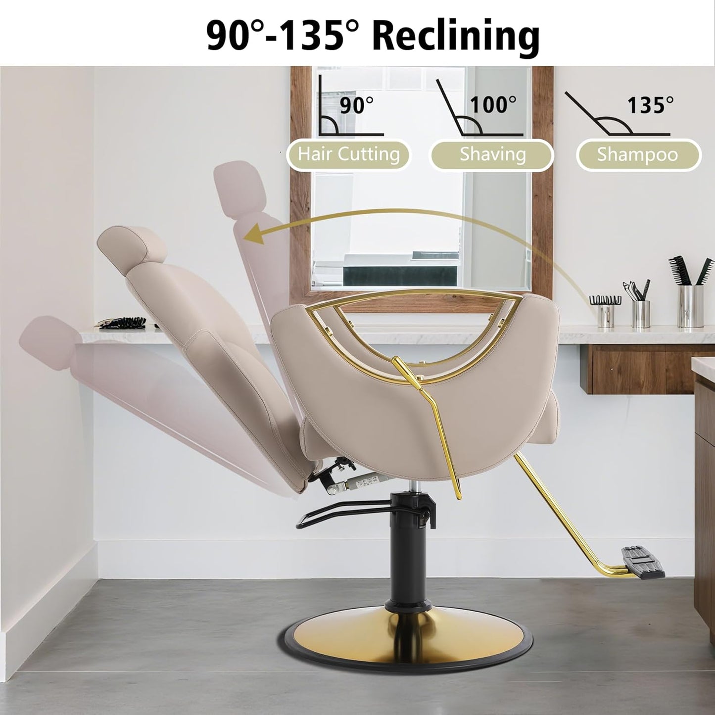 Reclining Barber Chair - Height Adjustable Styling Chair for Hair Salon | 360° Swivel, Grey