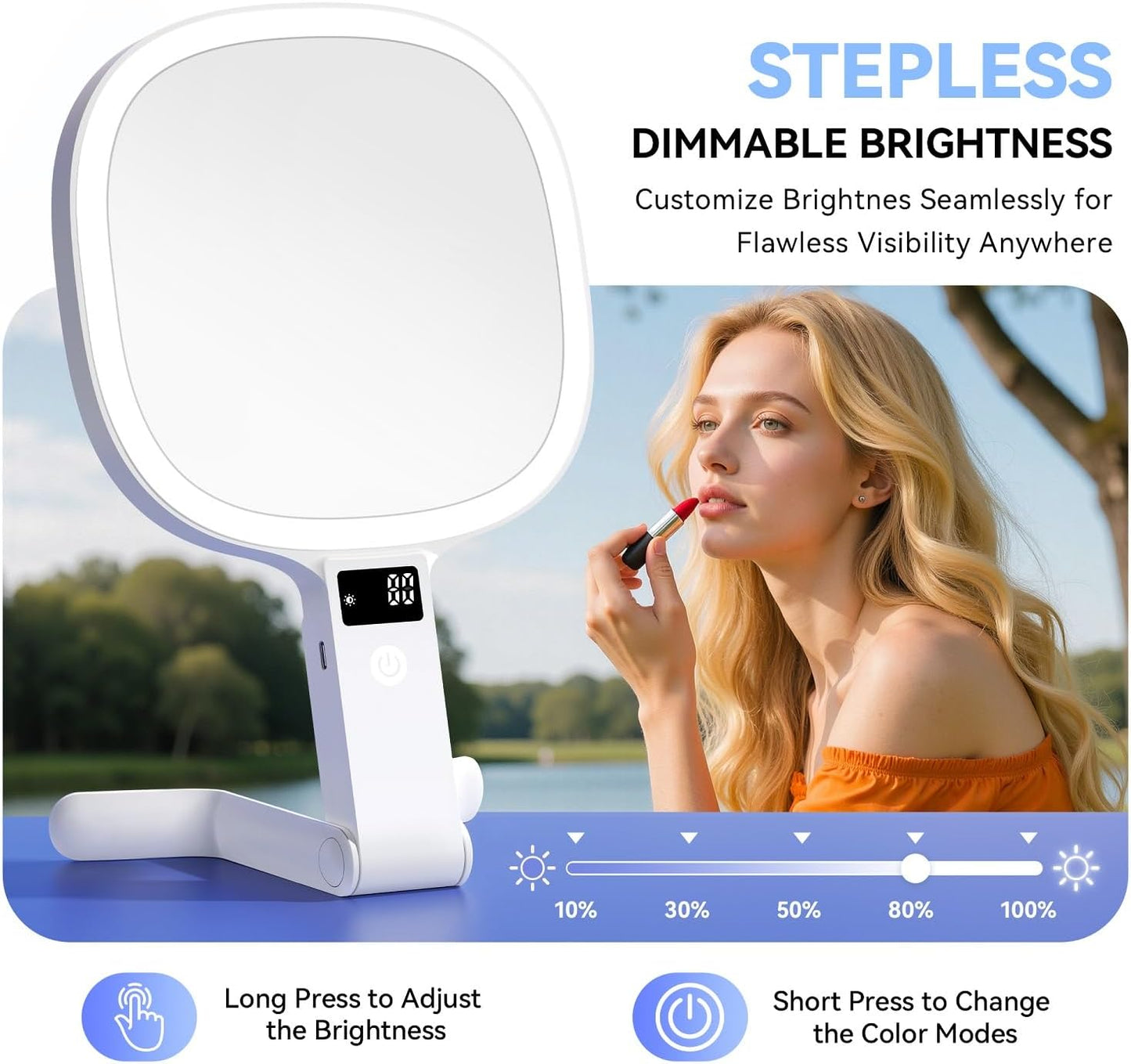 Auxmir Travel Makeup Mirror - 30X/1X Rechargeable Lighted Magnifying Mirror with 3 Color Dimming | Portable & Foldable Design, White