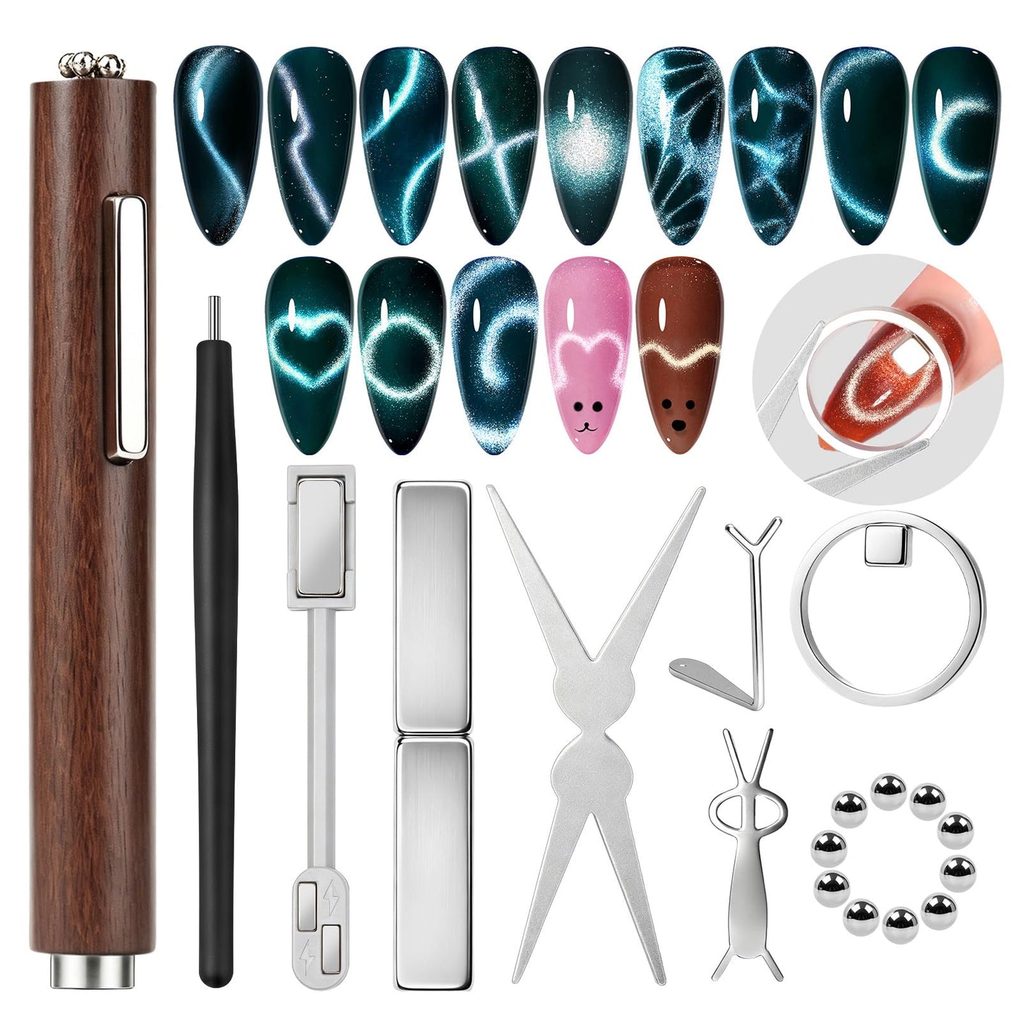 Peacecolor Cat Eye Magnet Set, 10pcs Cateye Magnet for Nails Circle Heart Ring Square Round Multi Effect Nail Art Designs Dual Head 3 IN One Magnets Pen French Tip Cateye Gel Polish Nail Tools Kit