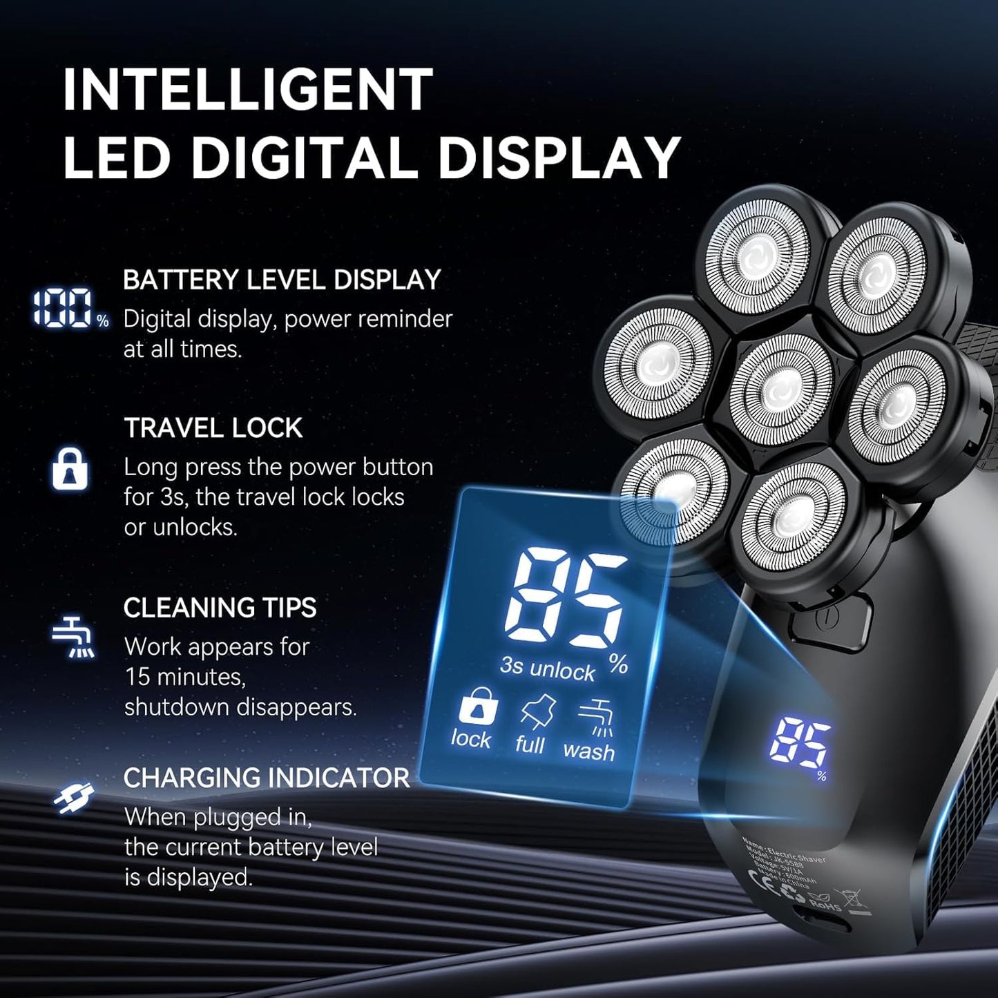 7D Head Shavers for Bald Men - 5 in 1 kensen Electric Head Hair Shaver, Head Electric Razor with Nose Hair & Beard Trimmer Cordless IPX6 Waterproof Wet Dry LED Display Travel Case (Black)